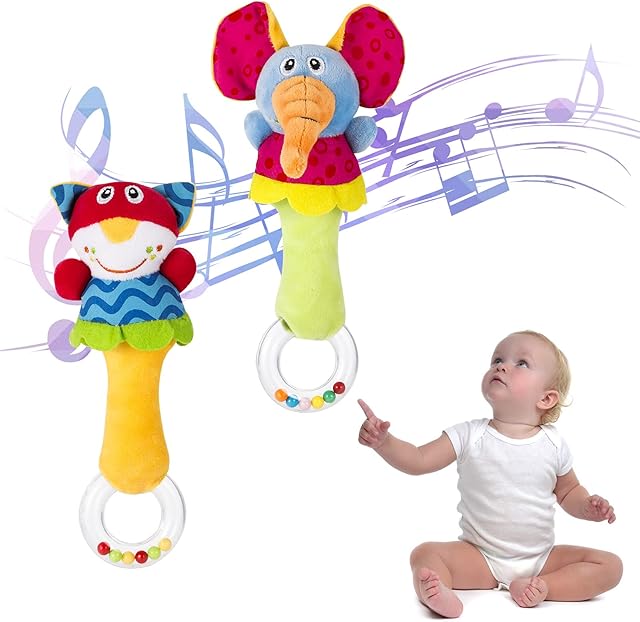 Yorgewd 2 Pack Baby Rattle, Rattles Shaker Soft Stuffed Animal Sensory Toys Infant Developmental Hand Grip for Newborn Babies Boys Girls 0 - 12 Months (Elephant/Cat)
