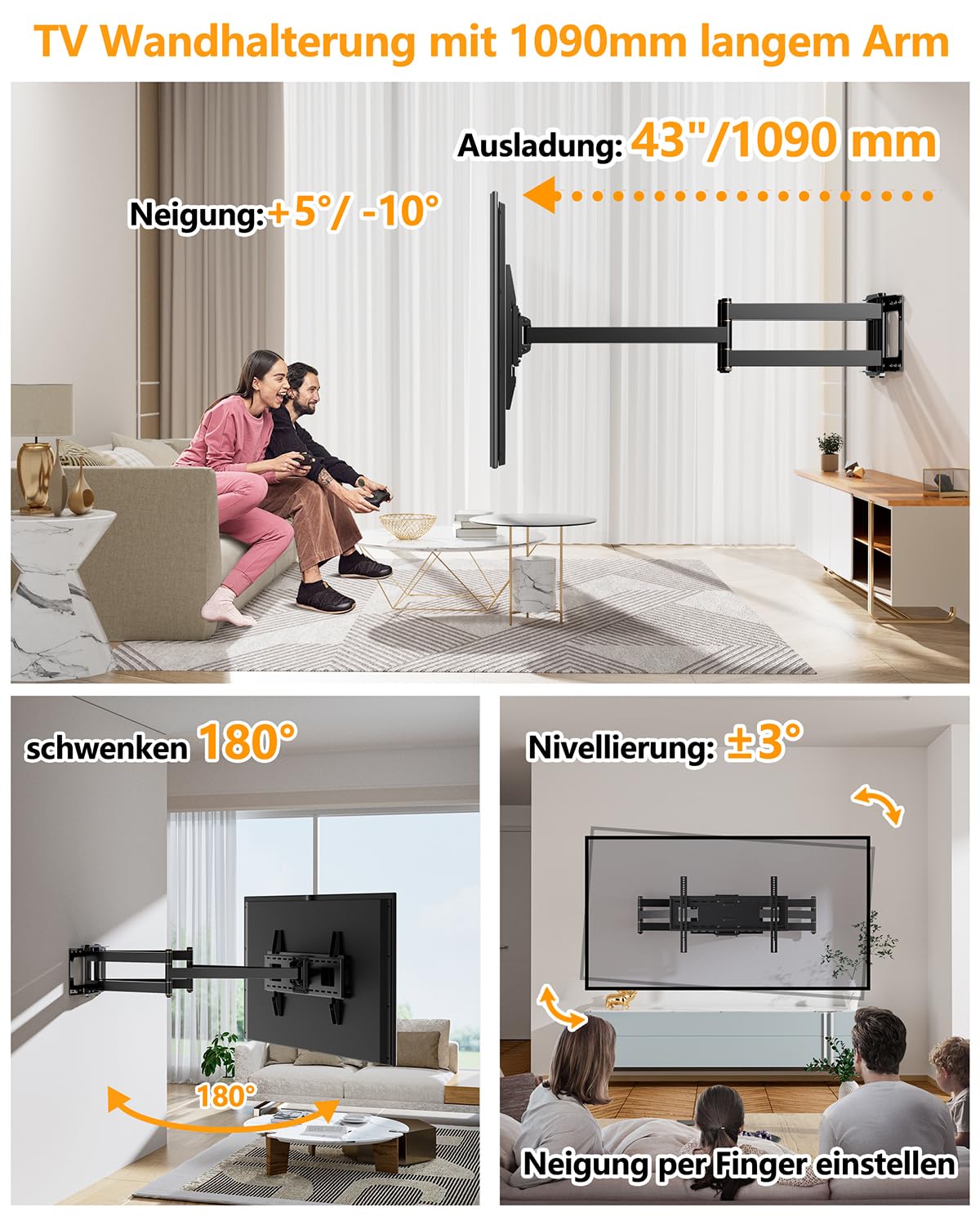 FORGING Mount TV Wandhalterung mit 109cm Langer Reichweite & Robuster 2 Gelenkarme Neigbare Schwenkbare TV Halterung für 50-95 Zoll Flach/Geschwungen Fernseher bis zu 90KG. Max VESA 800x400mm