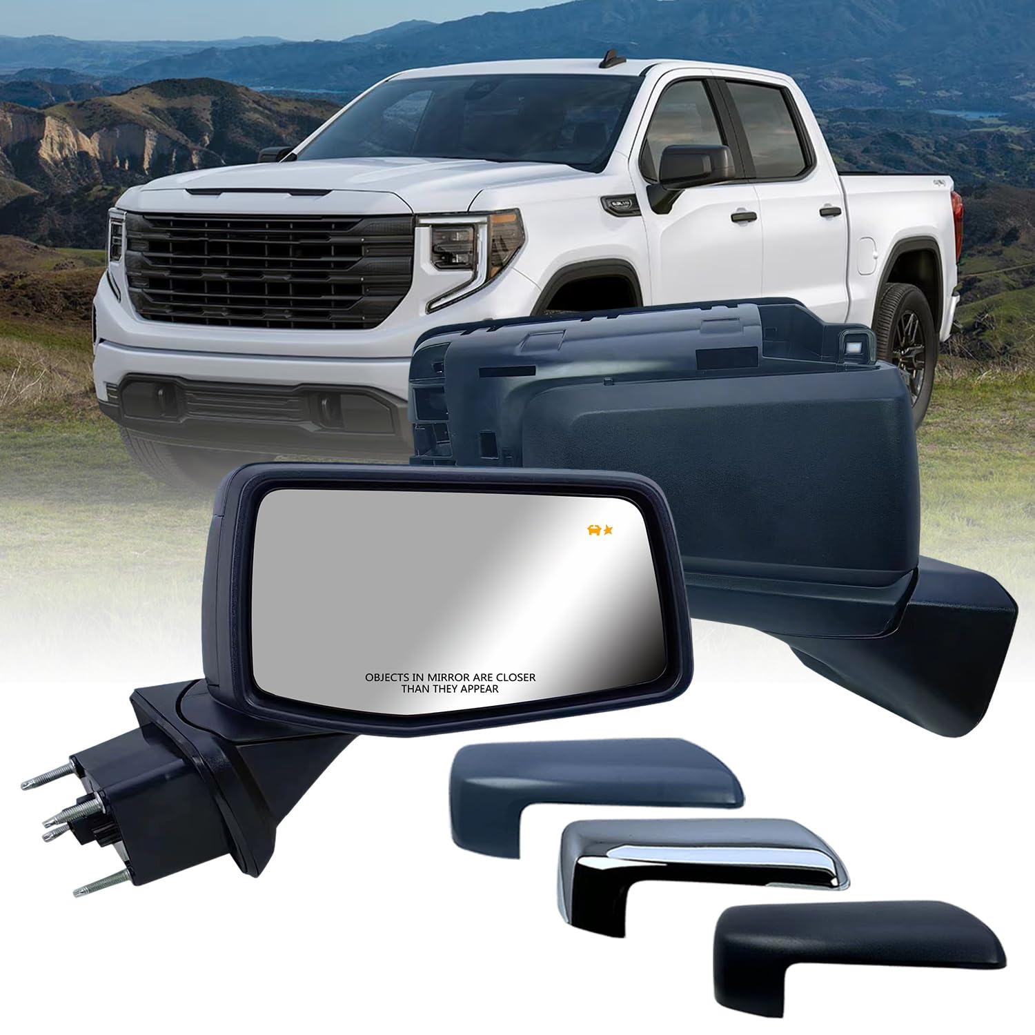 Passenger Right Side Door Mirror Power and Heated Glass with BSM(Blind Spot Light) Textured primer and Chrome Back Cover Manual Folding for Chevrolet