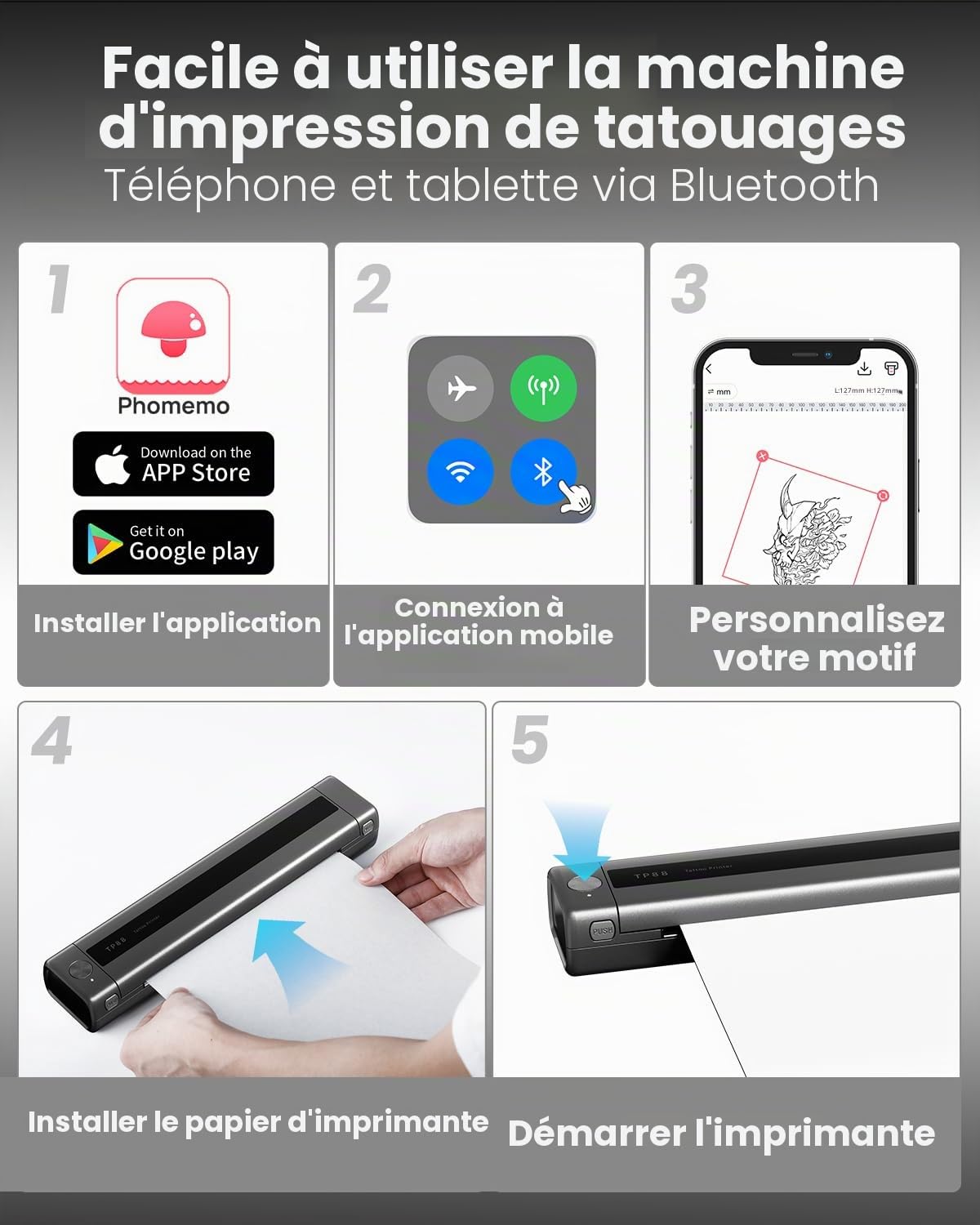 Phomemo TP88 Thermocopieur Tatouage Bluetooth,Imprimante Thermique Tatouage,Machine de Transfert Tatouage,Tattoo Stencil Printer avec 10 Feuilles Papier Transfert Tattoo pour Smartphone & PC