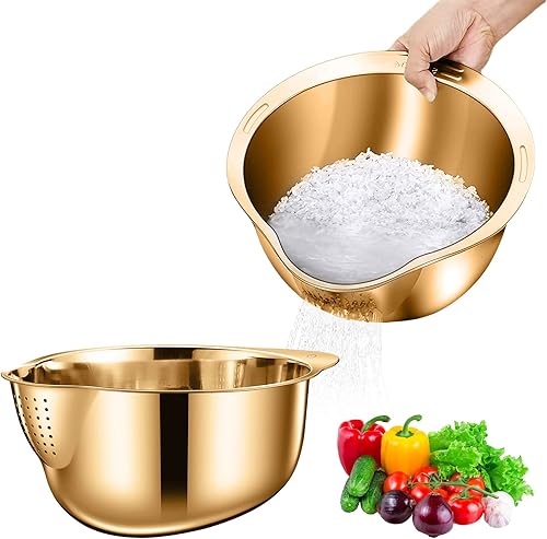 Miniatura 9 de Juego de 2 cuencos de lavado de arroz, coladores y coladores de alimentos, colador de arroz de acero inoxidable para limpiar frutas, verduras y