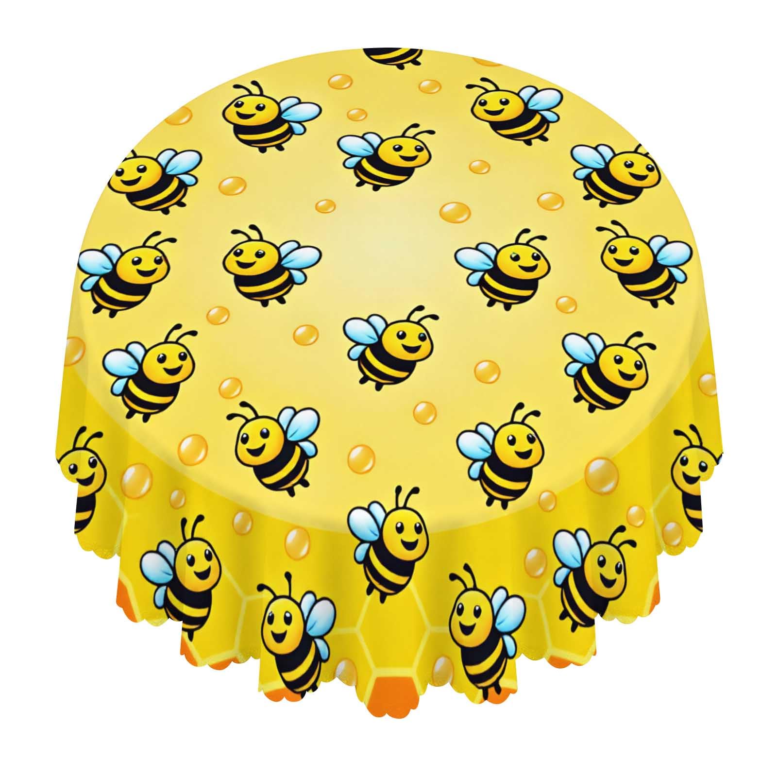 Nicokee Bee Honey House Yellow Round Tablecloth Waterproof Washable for Dining Party