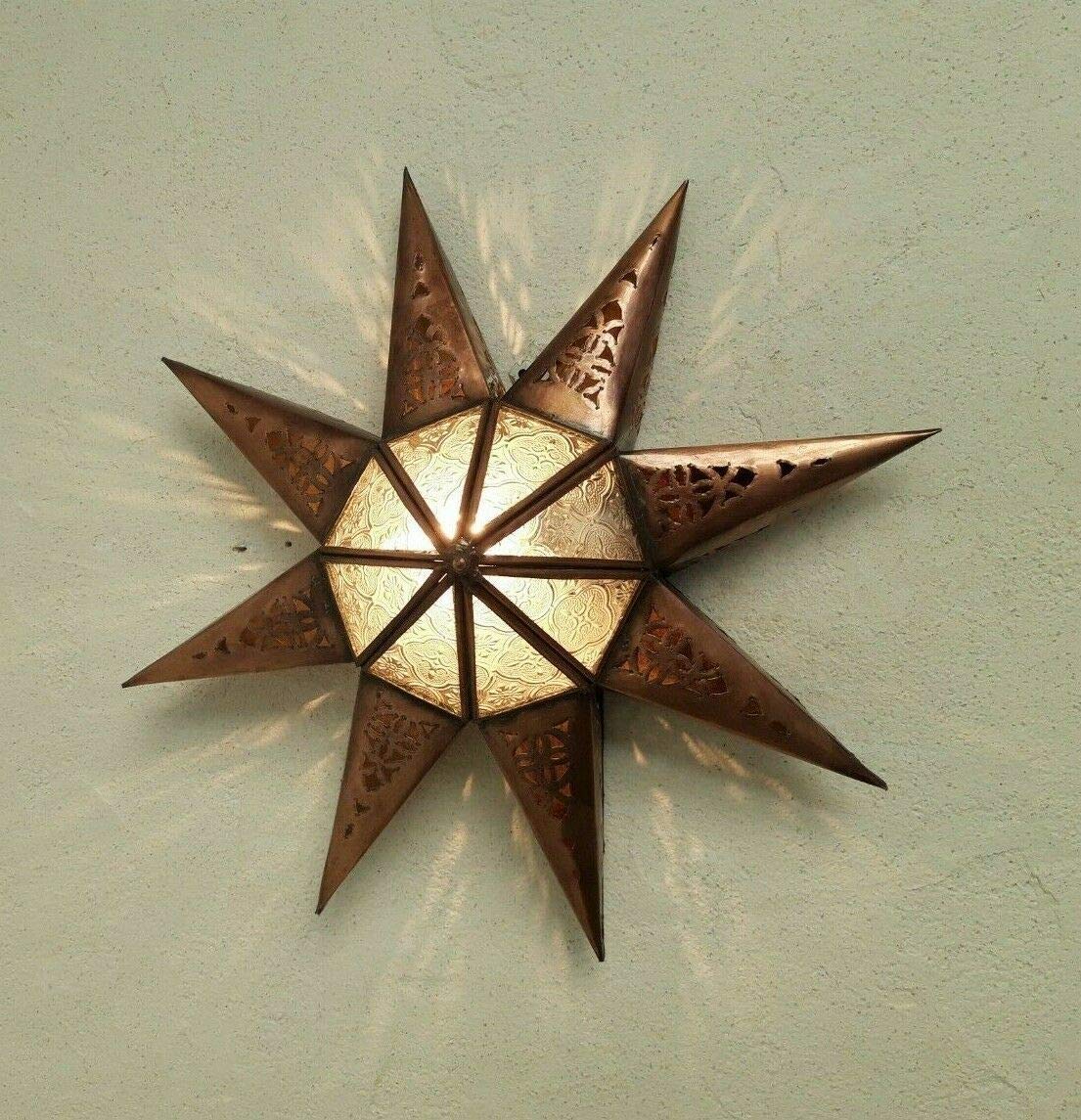 Aplique de pared marroquí, hierro cincelado patinado, estrella lustre farol luz de pared