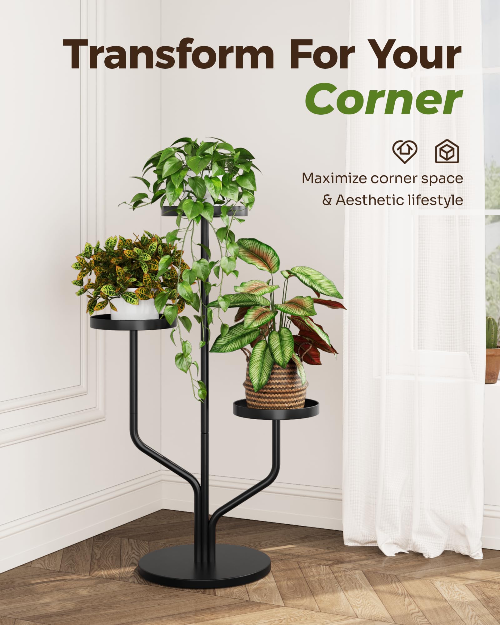 Bamworld Plant Stand Indoor 3-Tier Metal Plant Shelf for Multiple Plants Corner Tall Flower Stand for Living Room Balcony Garden - Image 2