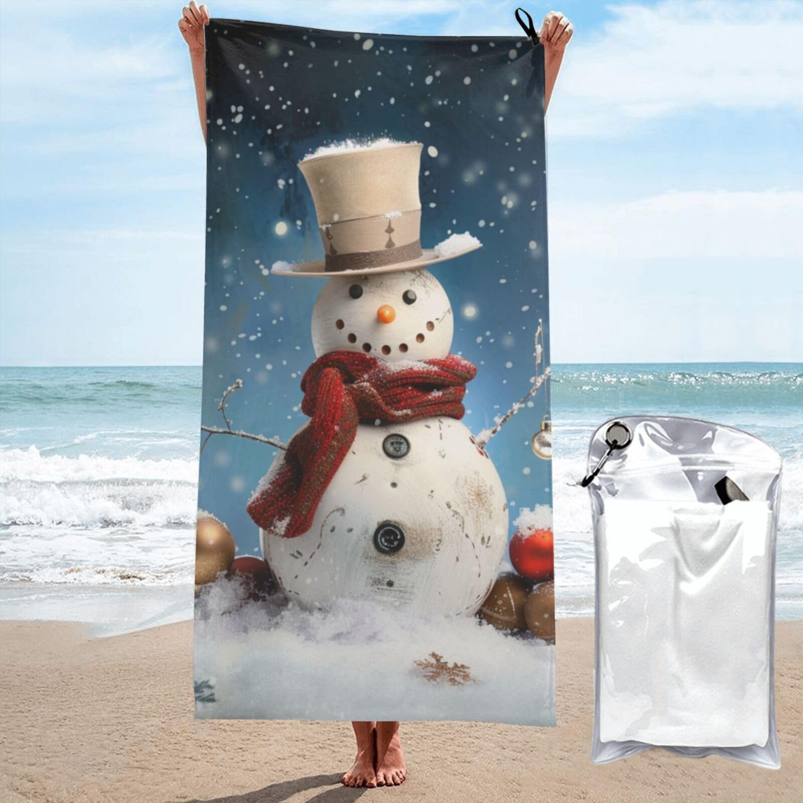 BWWHCCTI Snowman Printed Microfiber Quick Dry Beach Towel 80x160 CM, Fast Drying Bath Towels with Bags for Travel,Camping,Gym,Beach,Swimming,Yoga