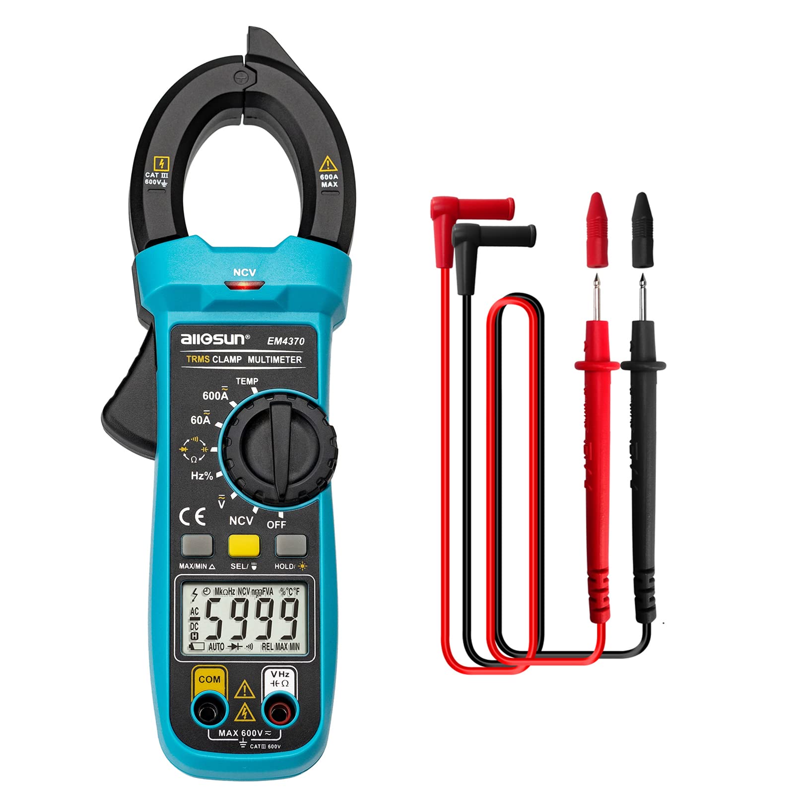 allsunDigital Clamp Meter T-RMS 5999 Counts 600A Multimeter Voltage Amp Ohm Tester Auto Range,w/NCV for DIYer,Industrial Maintenance (AC/DC Current)