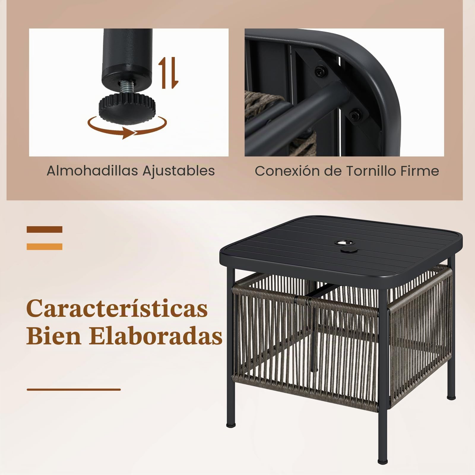 LIFEZEAL Mesa de Jardín, Mesa de Balcón Pequeña, Exterior, con Orificio para Sombrilla, 56 x 56 x 49 cm, de Ratán PE, Metal, con Tablero de Barras, Patas Ajustables, máx. 50 kg, Moderna, Ahorra