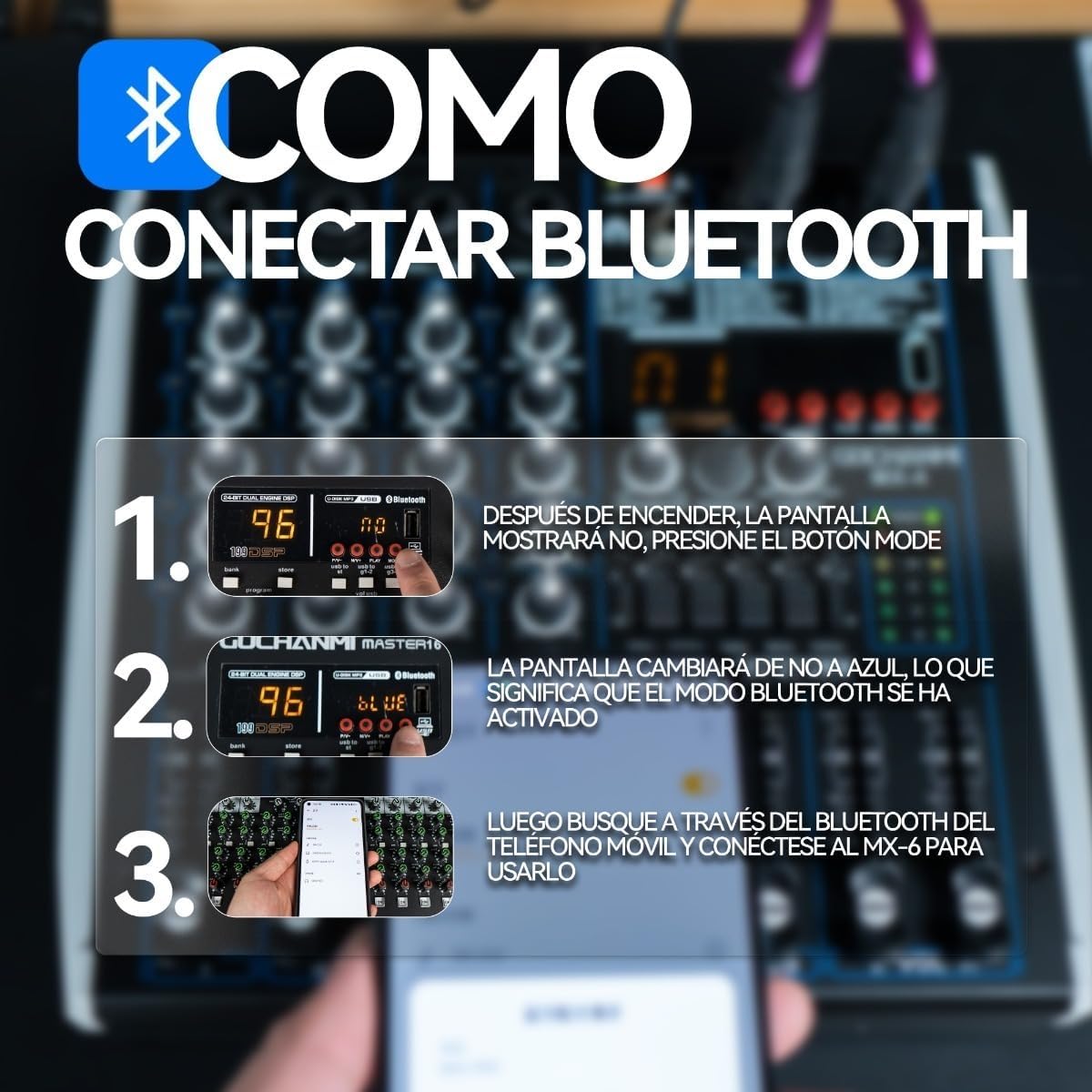 Step-by-step guide for connecting a device to the Gochanmi MX4 Mini mixer via Bluetooth.