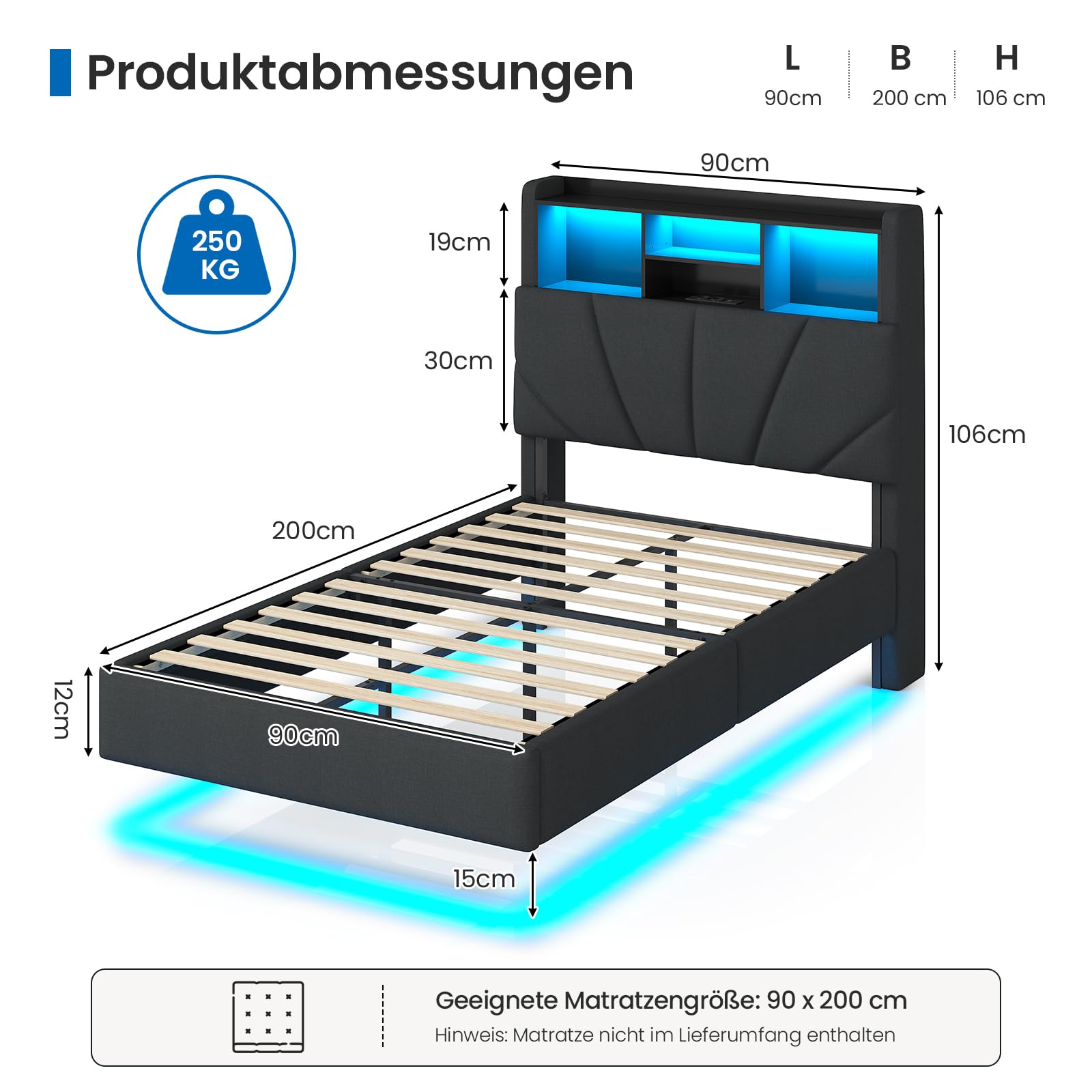Brinlawb Schwebebett Polsterbett 90x200 cm mit LED-Beleuchtung und Ladestation (2 Steckdosen, 1 USB-A, 1 USB-C) Polsterkopfteil mit offenem Regal und verstecktem Stauraum, Jugendbett 90x200 cm Grau