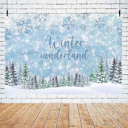 Miniatura 5 de MEHOFOND Telón de fondo de invierno de 7 x 5 pies, diseño de copo de nieve azul, fondo de fotografía de bosque con purpurina para decoración de