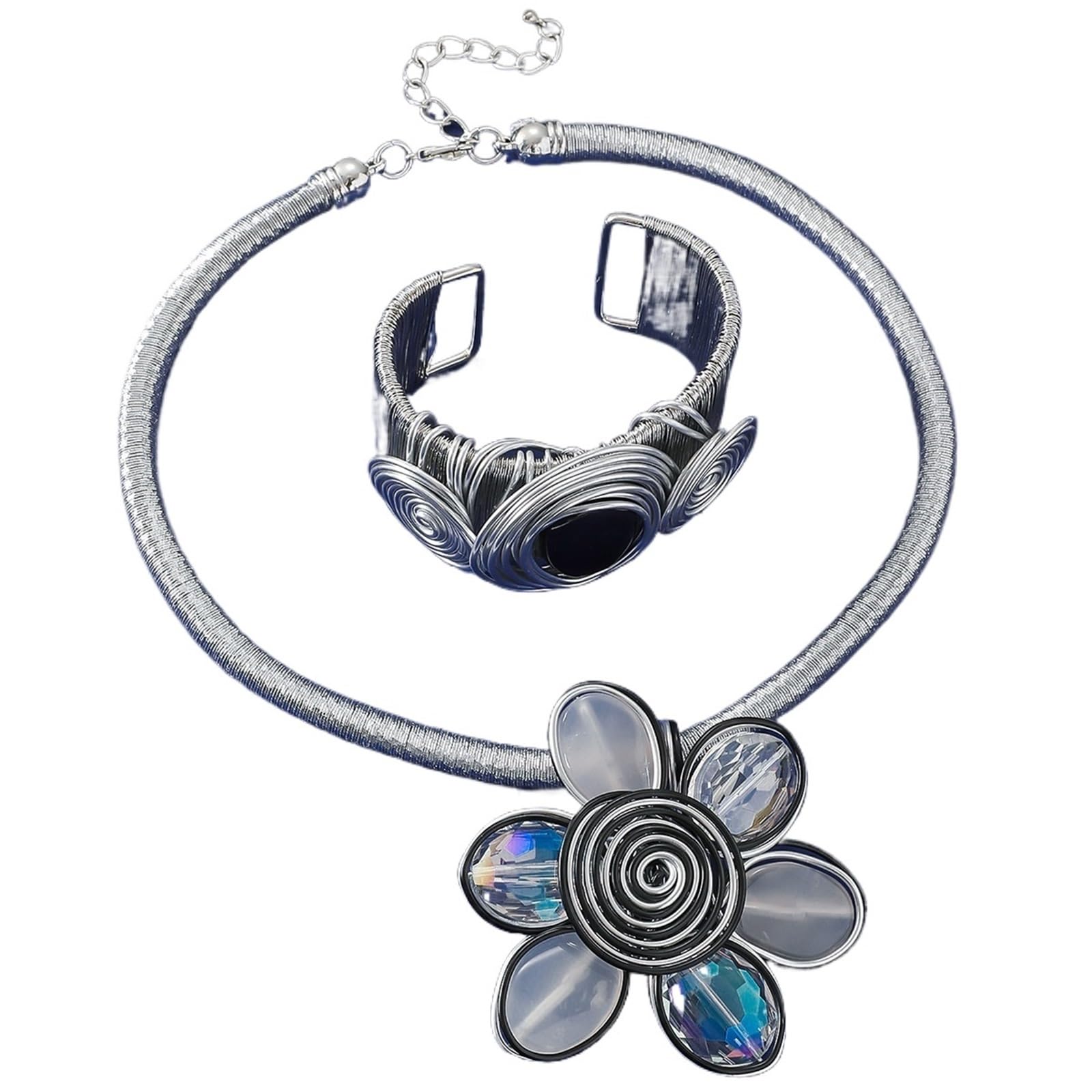 Set da spiaggia tropicale estivo, filo avvolto a mano, collana di cristalli con fiori a spirale, bracciale rigido, polsino impilabile