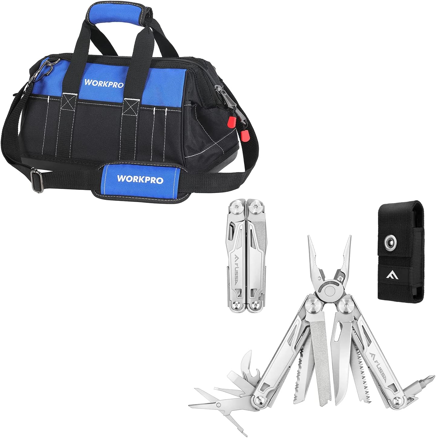 WORKPRO 16-inch Wide Mouth Tool Bag and Flissa 16-in-1 Multitool