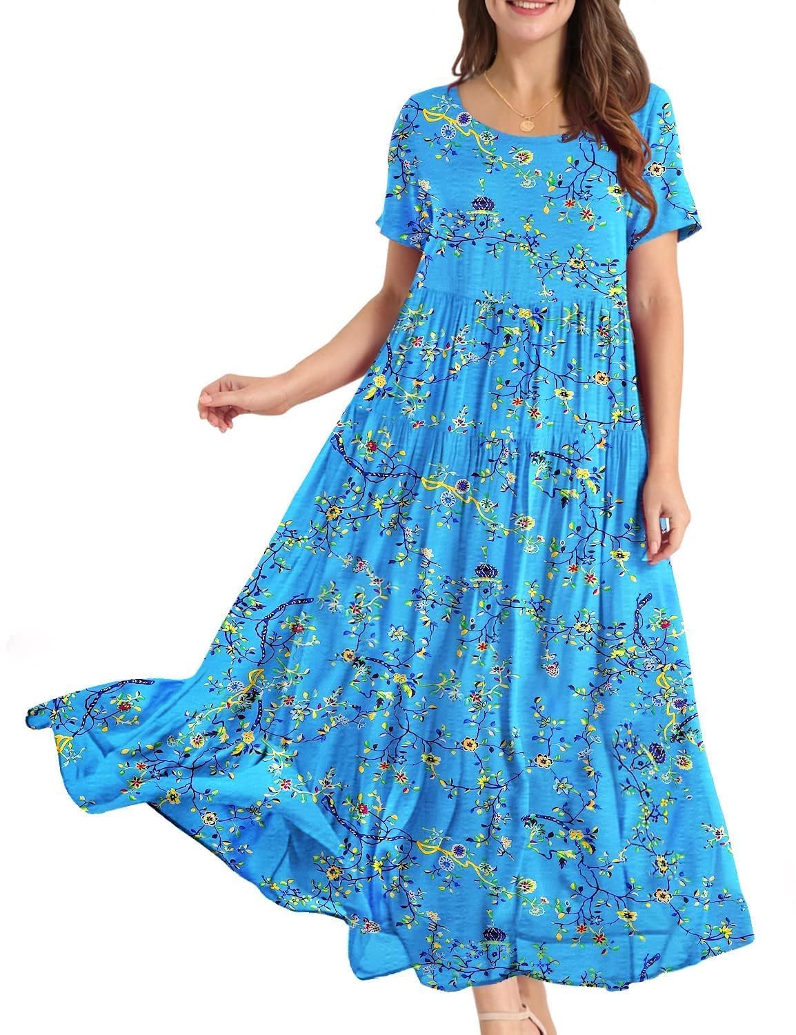 YESNO Damen Kleider Freizeit Lose Sommerkleid Lang Boho Maxikleid für Rundhals Strandkleid Blumenkleid EJFDE