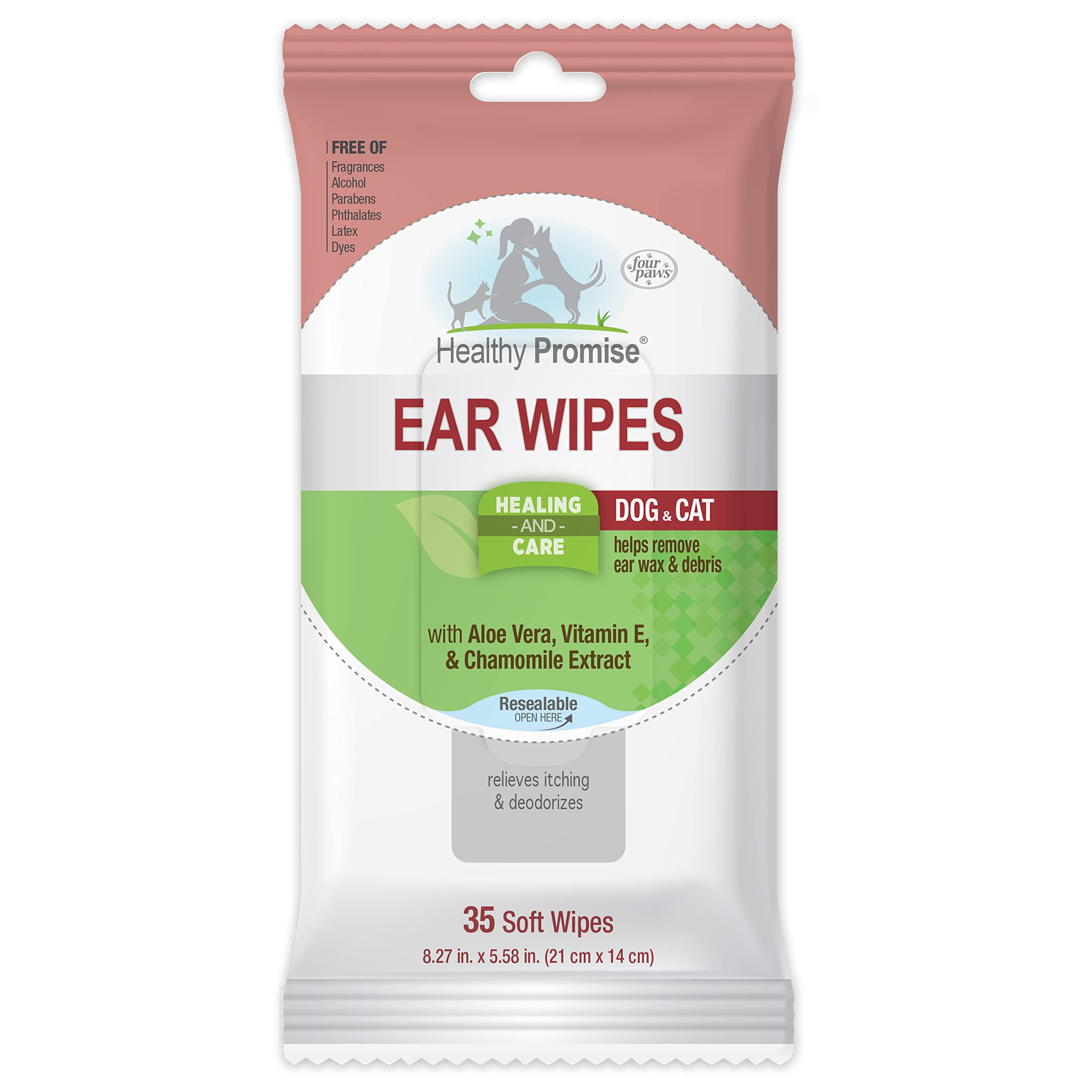 Four Paws Healthy Promise Grooming Soothing Pet Ear Cleaning Wipes, Odor Reducing & Itch Relief, 35 Count