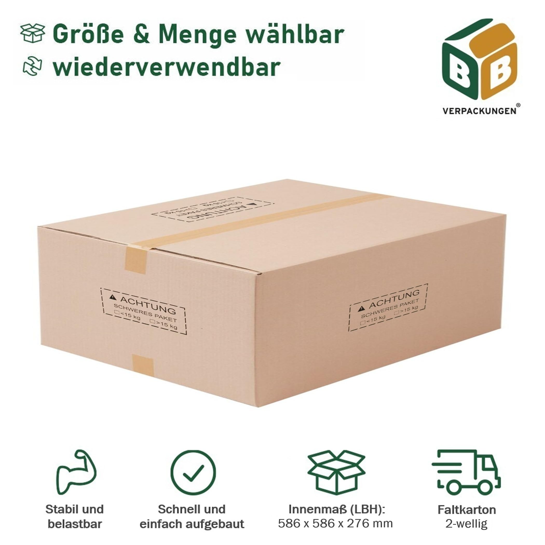 BB-Verpackungen 120x Faltkarton Amazon FBA Karton 600x600x300mm mit Heavy Mark (120 Stück) 2-wellig - robust, sicher, versandoptimiert und aus recyceltem Material