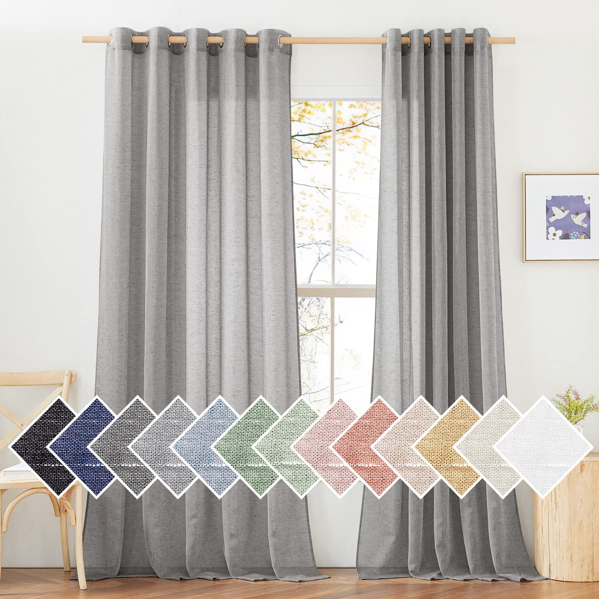 NICETOWN Living Room Sheer Linen Curtains for 84 inch Length 2 Panels Set, Grommet Semi Sheer Linen Blend Drapes Privacy with Light Filtering for