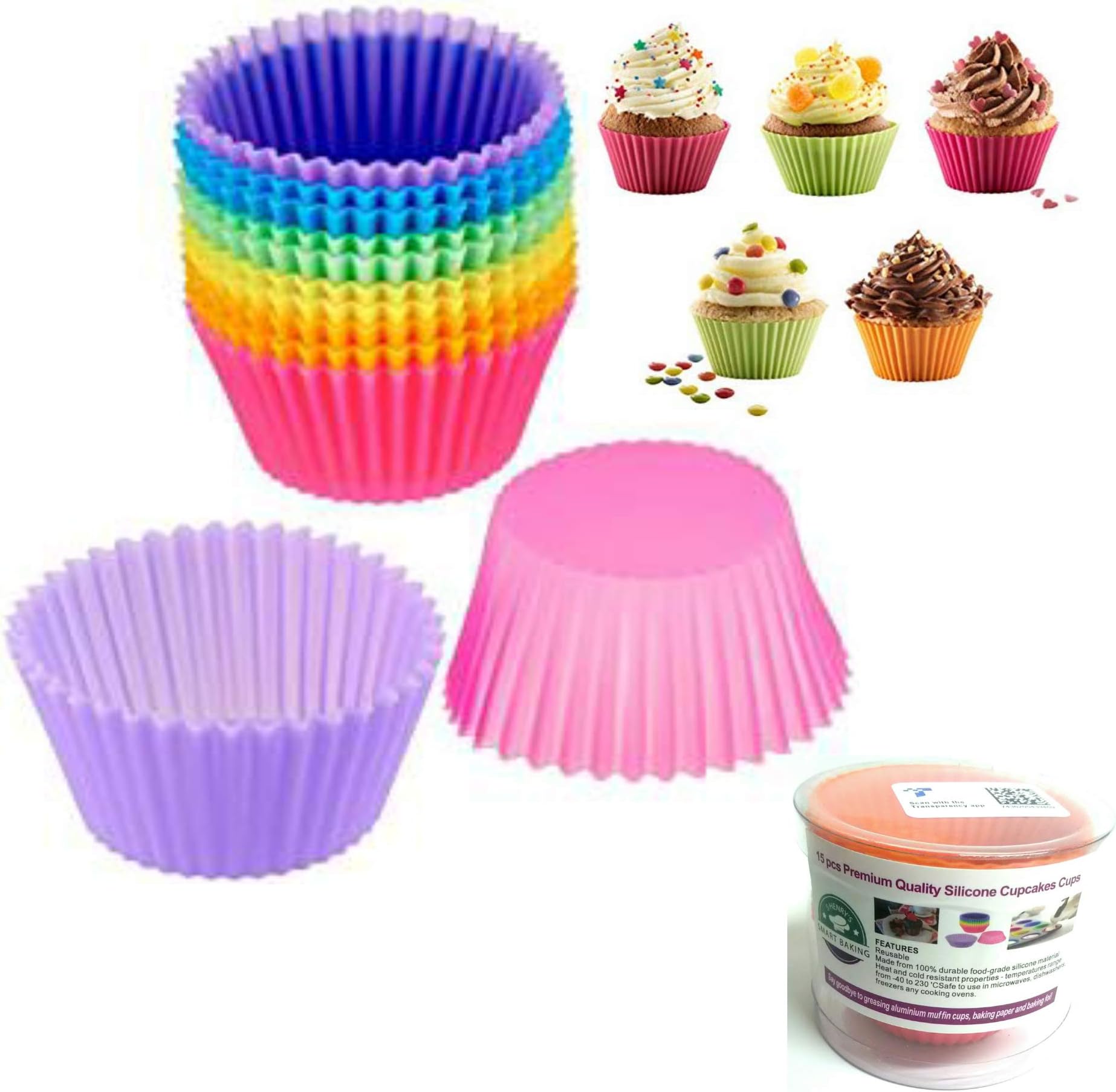 Smart Baking 18 Pack Reusable Non-Stick Silicone Cupcake Moulds and Baking Cups Set - Brilliant Silicone Muffin Cases Liners