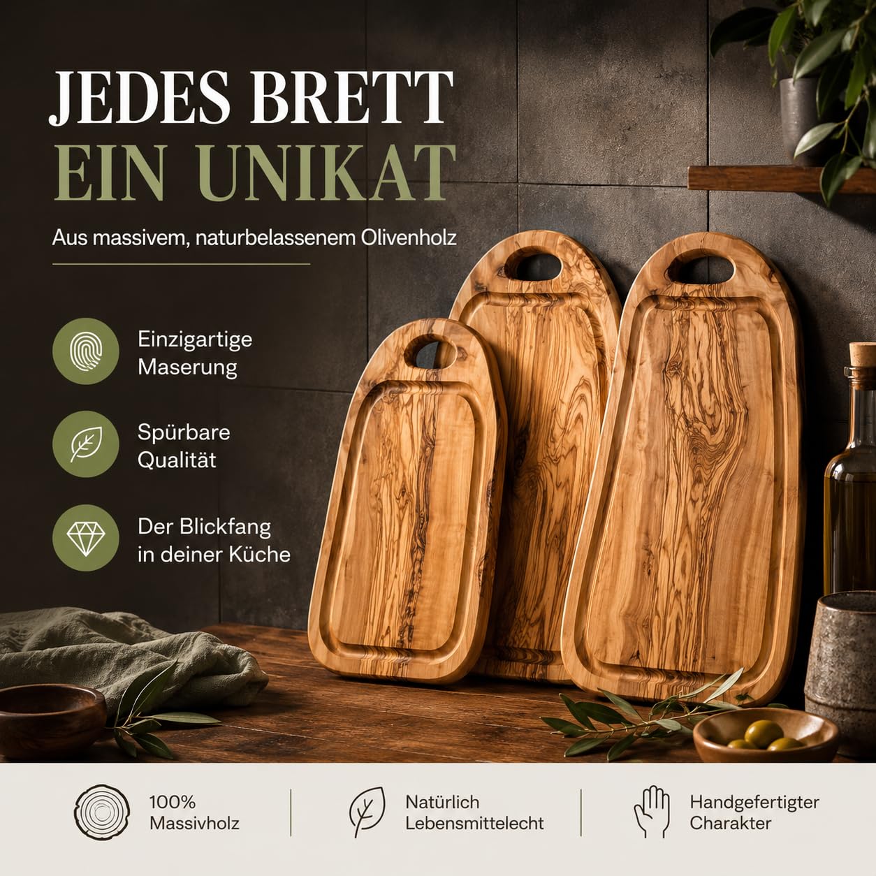 Olivenholz Steakbrett mit Saftrille - Personalisiertes Schneidebrett mit Grifflasche für Steak, Fleisch, Grill & BBQ (44-49 cm)