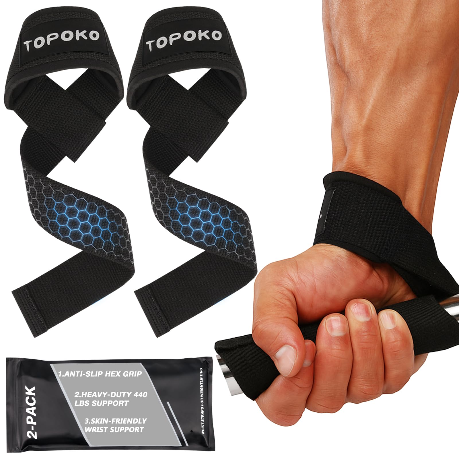 TOPOKO Lifting Wrist Straps – 18" Cotton Weightlifting Straps with Neoprene Padding for Deadlifts, Powerlifting, Strength Training & Bodybuilding-image-12