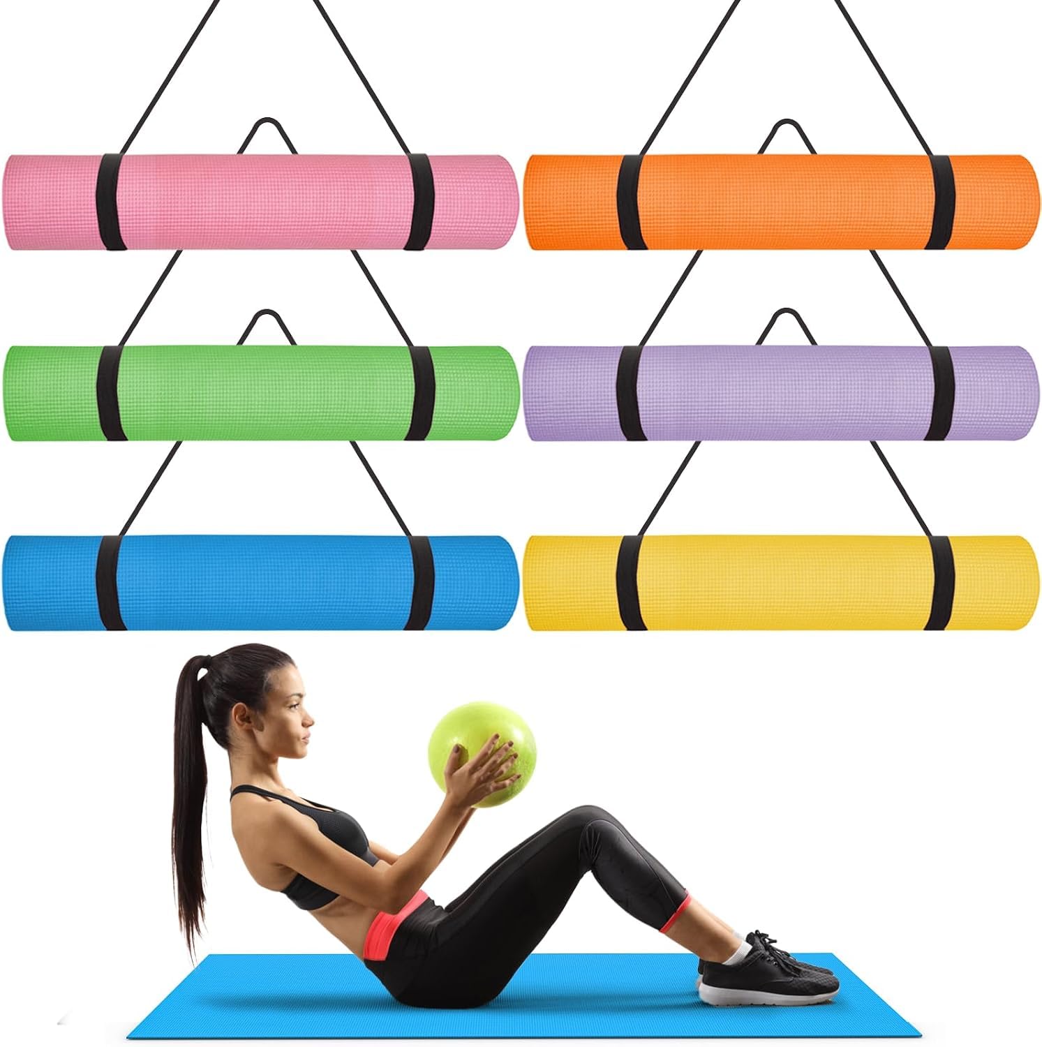 Lot de 6 tapis de yoga en vrac avec 6 sangles de transport, 173 x 61 x 0,4 cm, tapis de yoga antidérapant pour entraînement, étirements