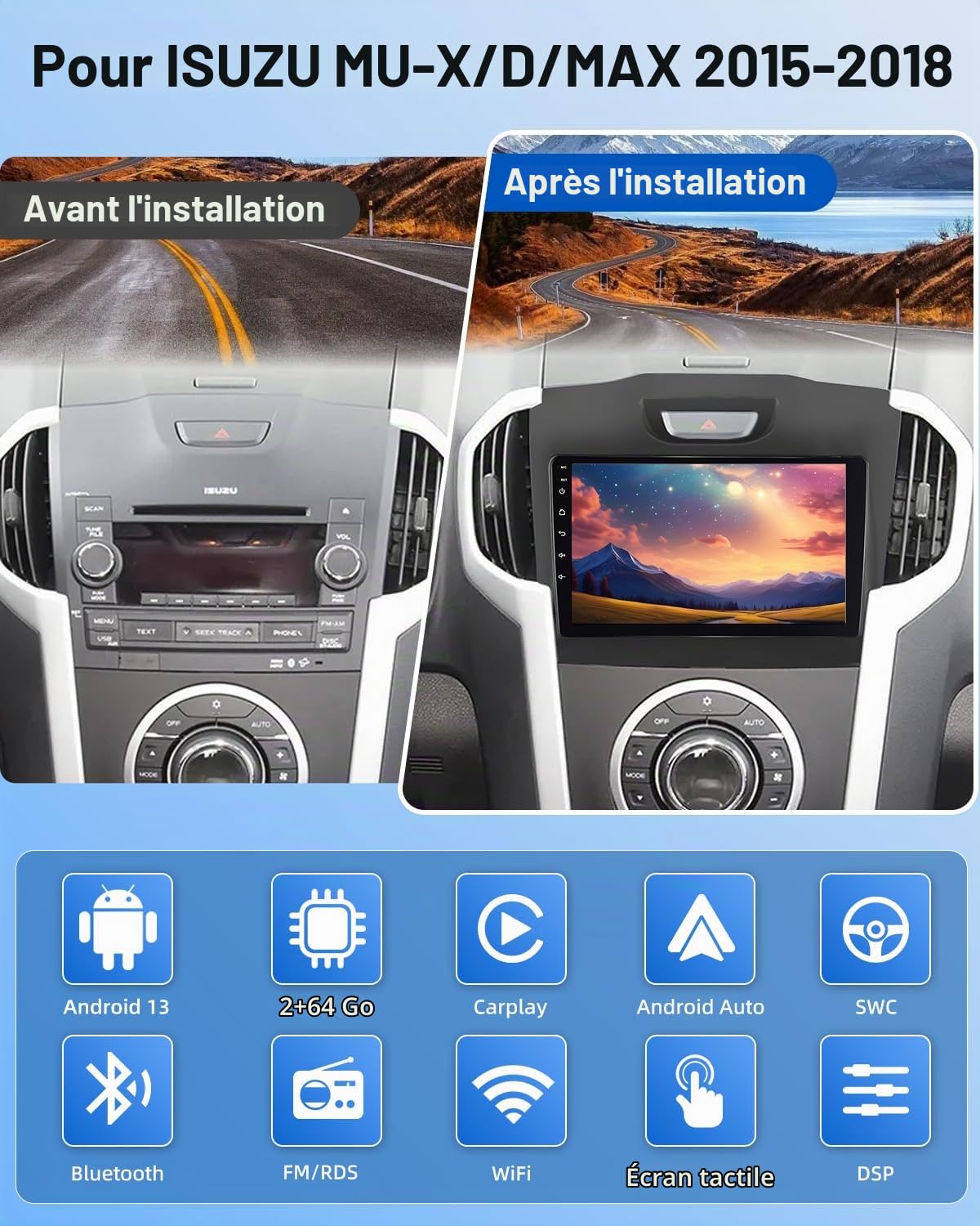 NHOPEEW Autoradio Android 2G+64G pour Isuzu MU-X/D-Max 2015-2018 - sans Fil Carplay & Android Auto - Stéréo Android 9 Pouces avec WiFi EQ GPS Mirror Link FM RDS + AHD Caméra de recul&Mic