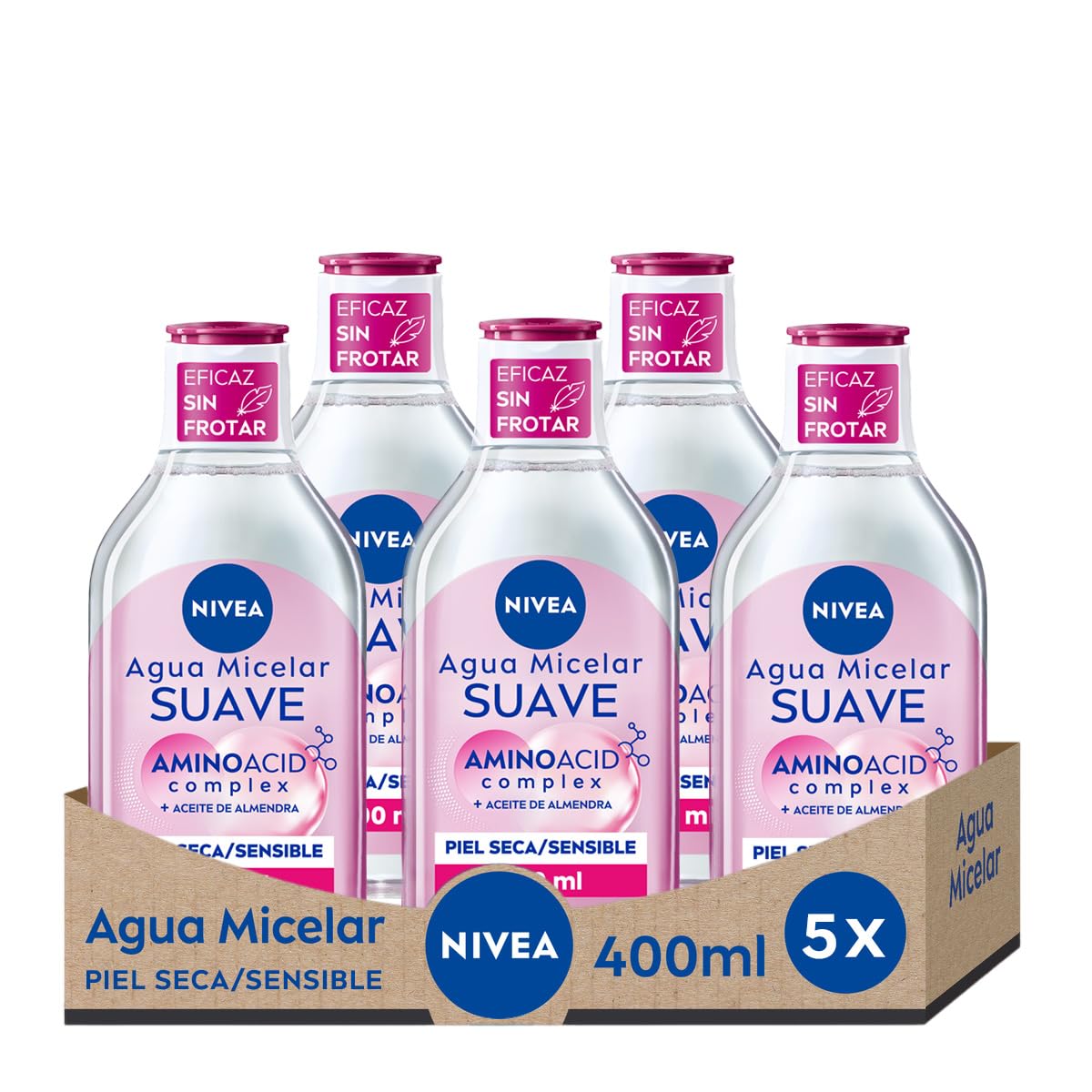 NIVEA Agua micelar Suave para Piel Seca/Sensible en pack de 5 (5 x 400 ml), desmaquillante para limpieza facial con aceite de almendras, desmaquillador de ojos y rostro