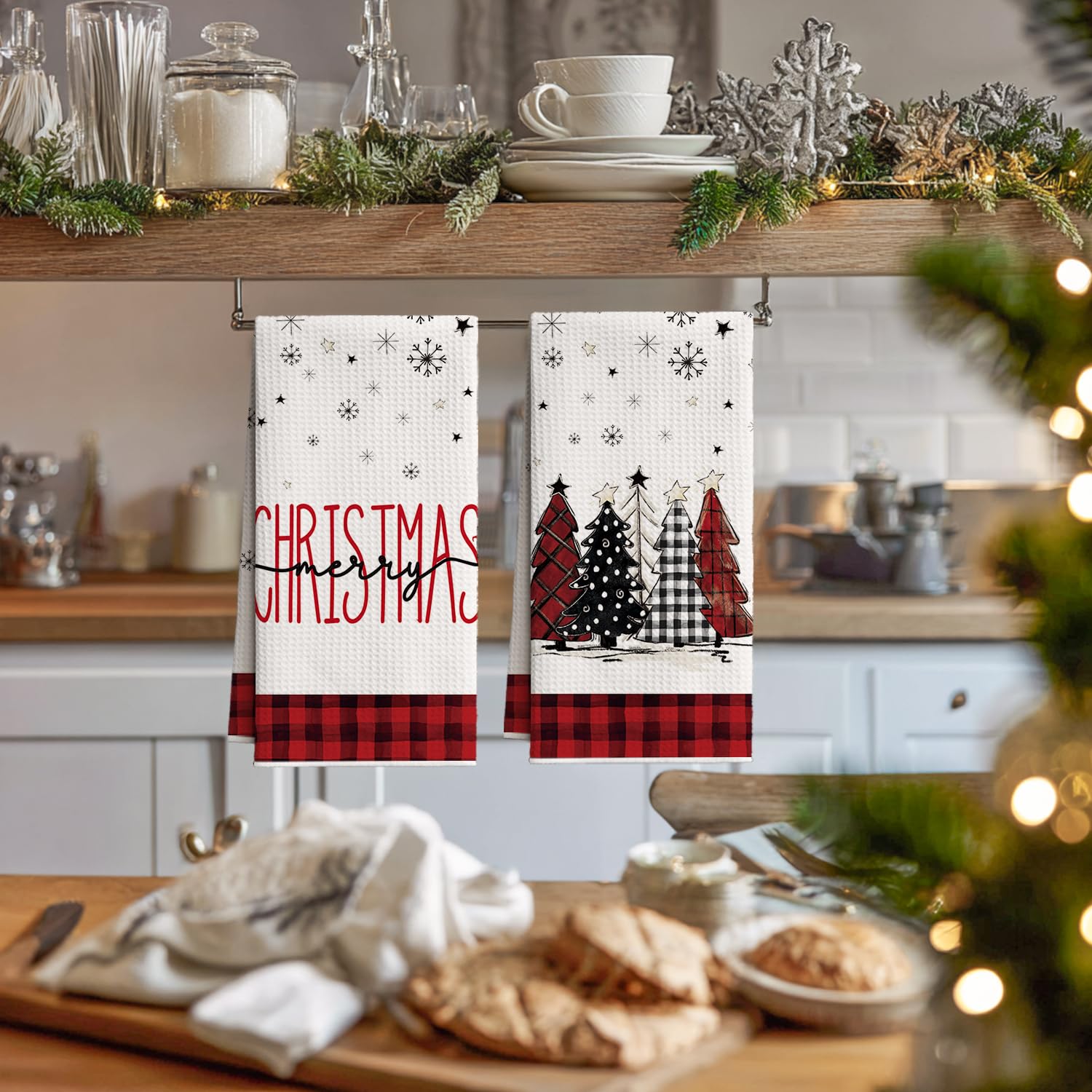 Artoid Mode Red Xmas Tree Snowman Merry Christmas Bar Kitchen Towels, 12x24 Inch Quick Dry Microfiber Cloth Dish Towels for Kitchen Drying Set of 4