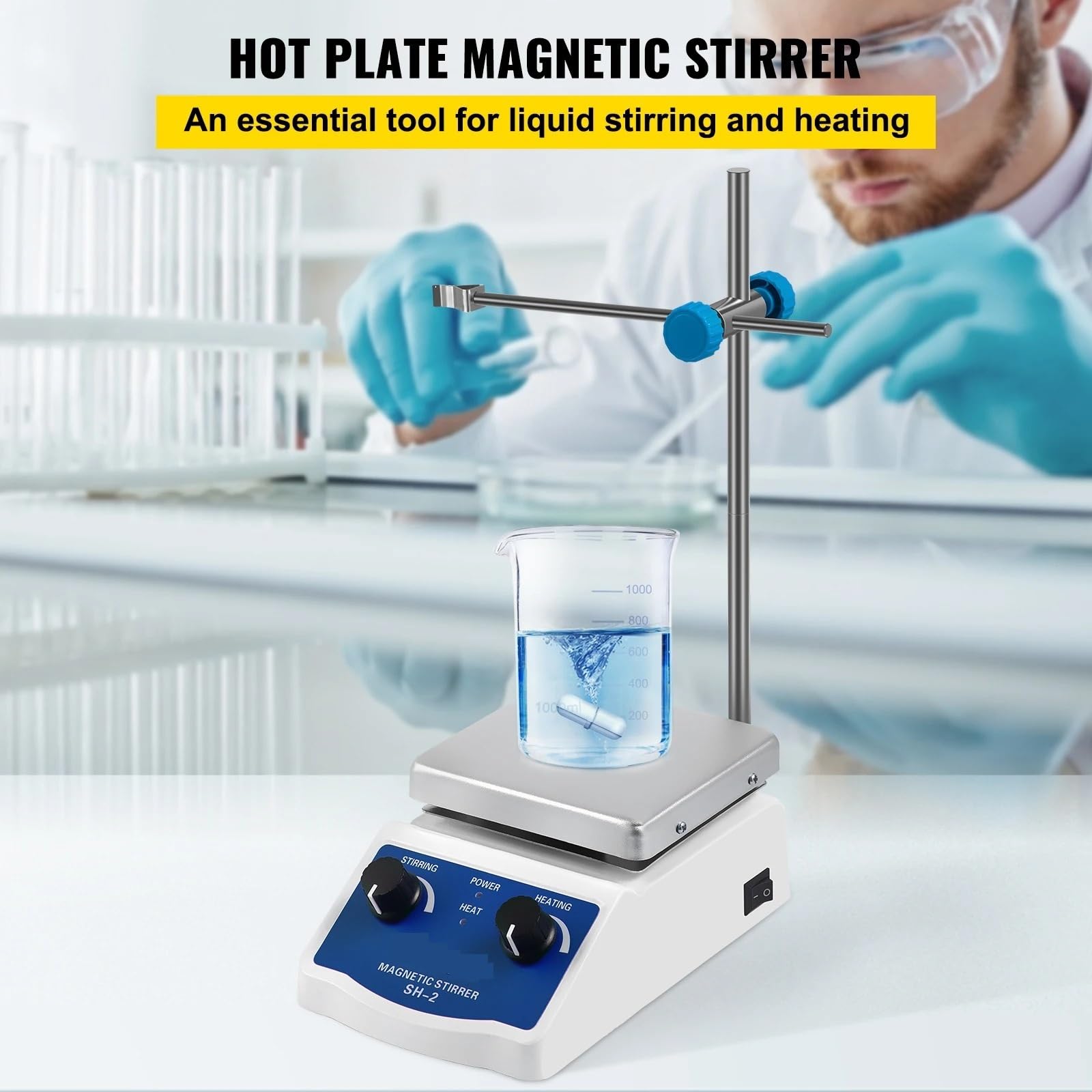 Agitador magnético, Agitador magnético, capacidad de mezcla 1000 ml, agitador laboratorio, placa calefactora con soporte, for calentar y mezclar líquidos en