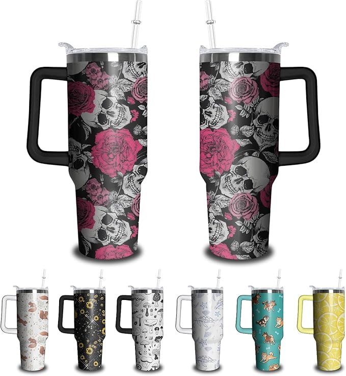 40oz Skull Tumbler with Handle and Straw, Skeleton Gothic Floral Stainless Steel Insulated Cup with Lid and Straw, Horror Travel Coffee Mug Water Bottle, Birthday Halloween Gifts for Women Men