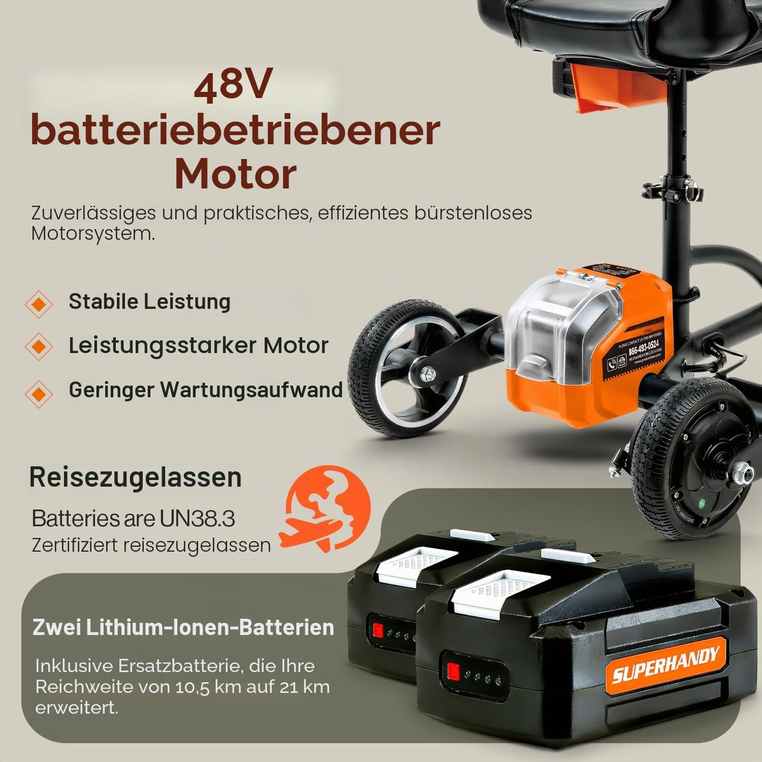 SuperHandy Faltbarer 3-Rad-Mobilitätsroller, 125 kg Tragkraft, 48-V-Akku | Faltbare Bauweise für Alltag, Reise und Einkauf; zwei abnehmbare Akkus ermöglichen längere Fahrten