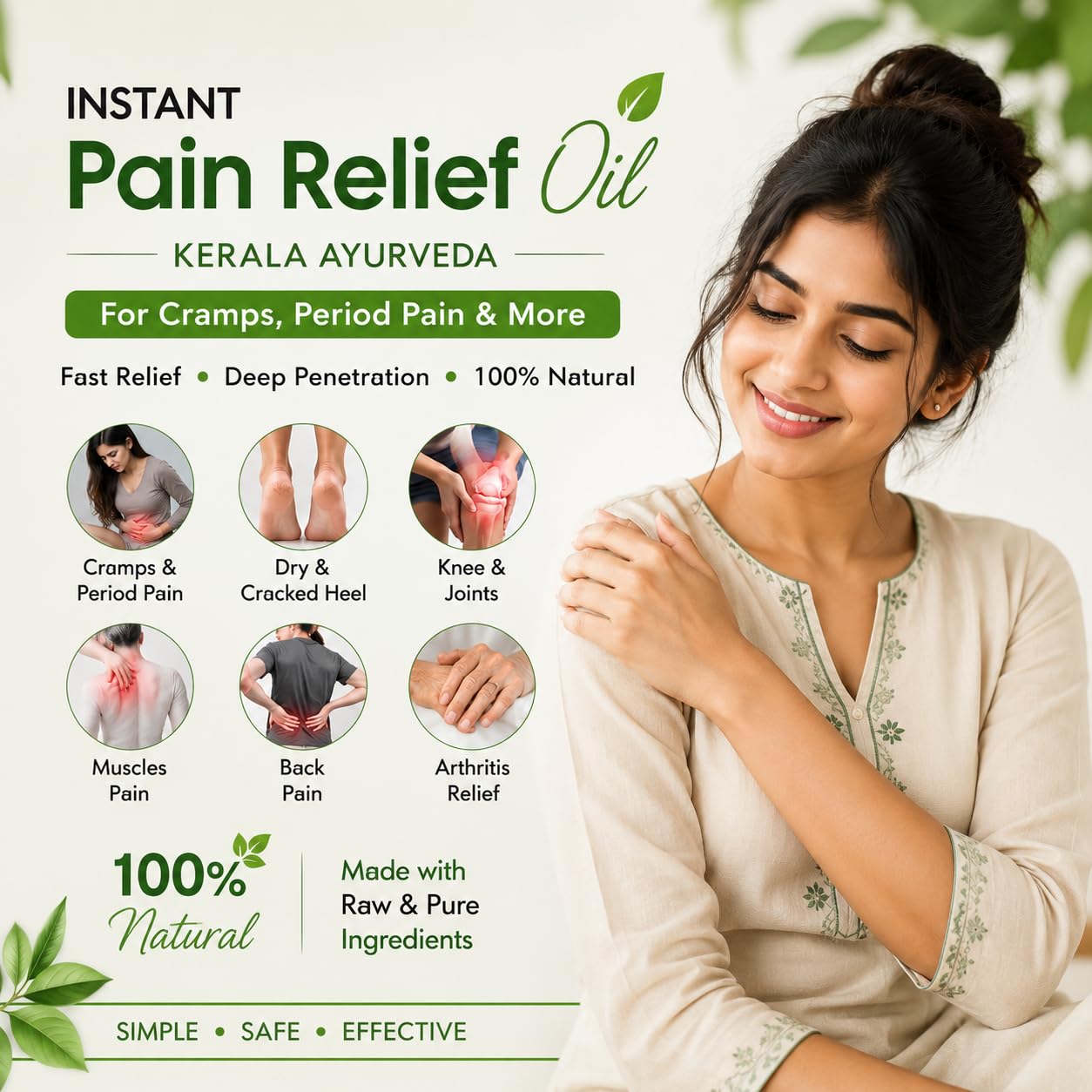 Spag Herbals instant Pain Relief oil Kerala Ayurveda for cramps, period pain, Dry & Cracked Heel knee, joints, muscles, back, arthritis, menstrual Pain oil 100ml 1