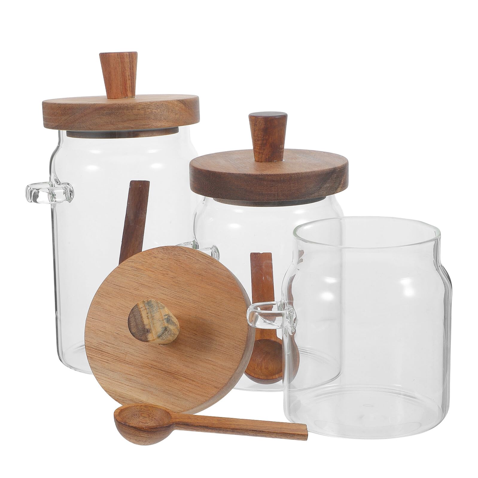 NUOBESTY Juego de 3 Recipientes de Vidrio para Detergente en Polvo con Tapa de Madera y Cuchara Medidora, Capacidad 400ml 600ml 900ml, Contenedores para Lavandería y Almacenamiento
