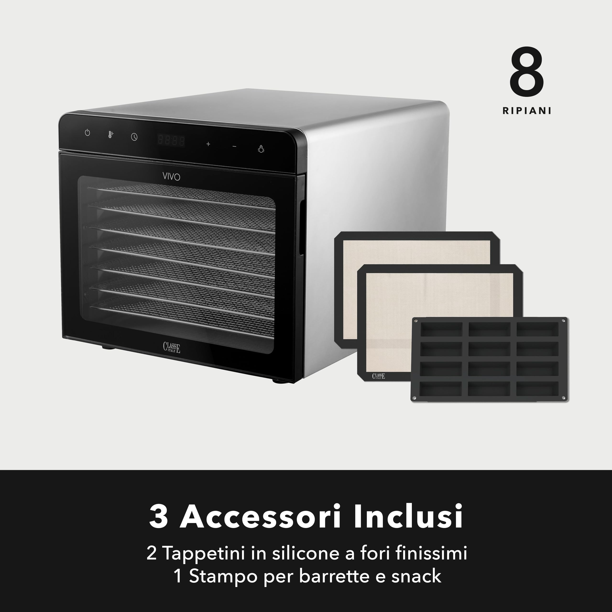CLASSE ITALY Essiccatore Alimentare Basso Consumo, 8 Vassoi in Acciaio SUS 304, 700W, GARANZIA 5 ANNI, Temperatura Regolabile 35-85°C, Timer 24 ore, BPA Free