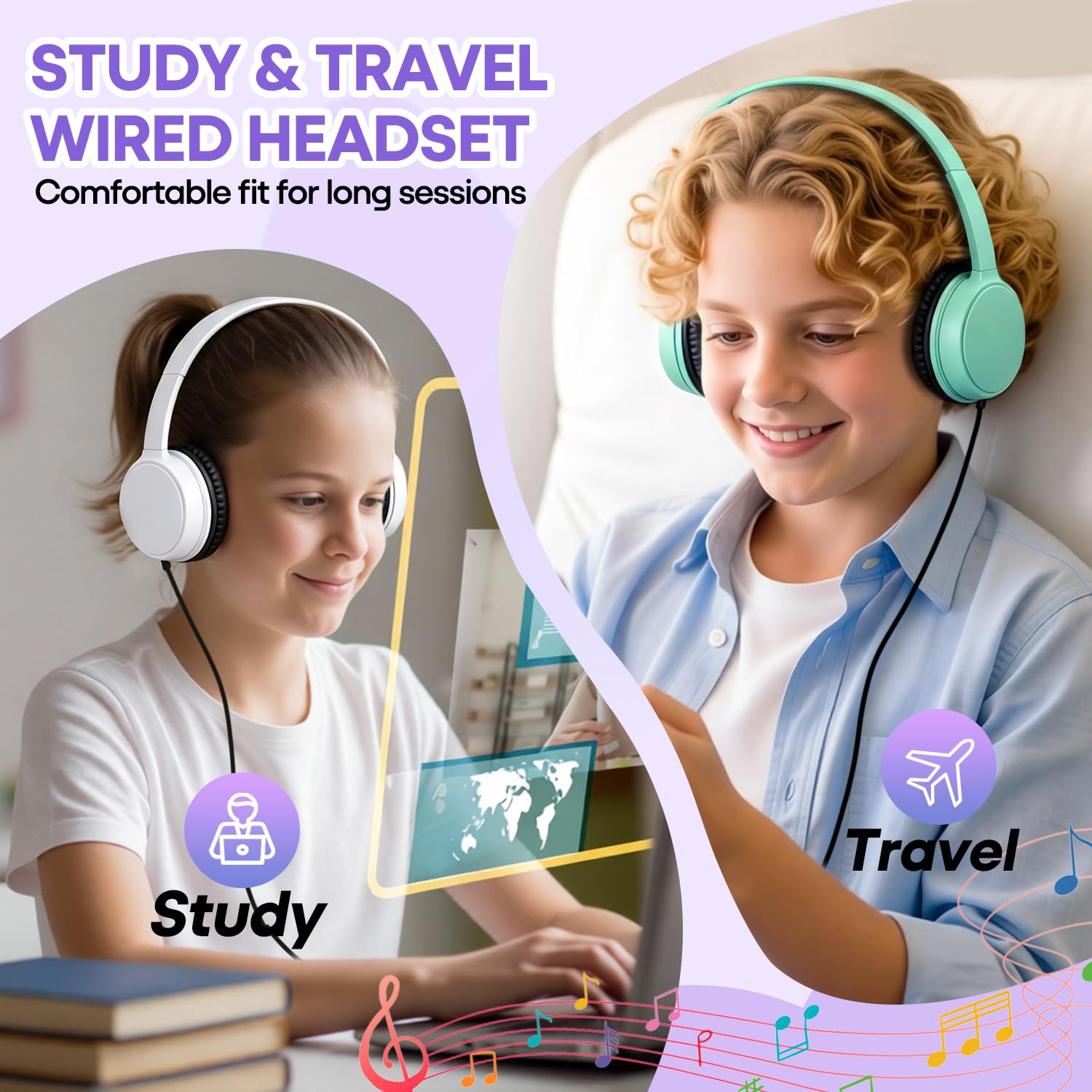 Cuffie per aule per bambini, confezione da 10 pezzi, resistenti, con cavo, set di classe per studenti, biblioteca, scuola, Chromebook, laptop, computer, con jack da 3,5 mm (HY30, 10 misti)