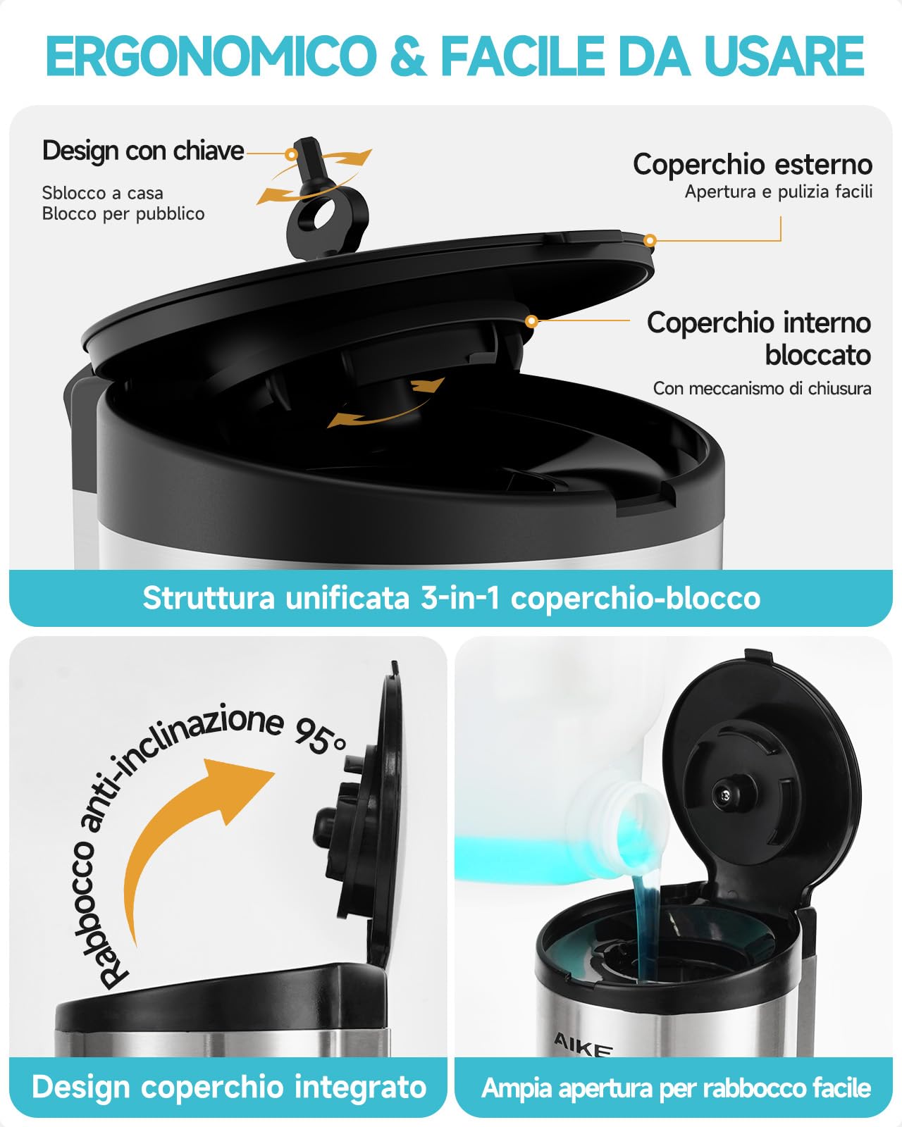 AIKE AK1205E Dispenser di Sapone Automatico da Parete, Grande Capacità in Acciaio Inox per Sala da Pranzo e Bagno