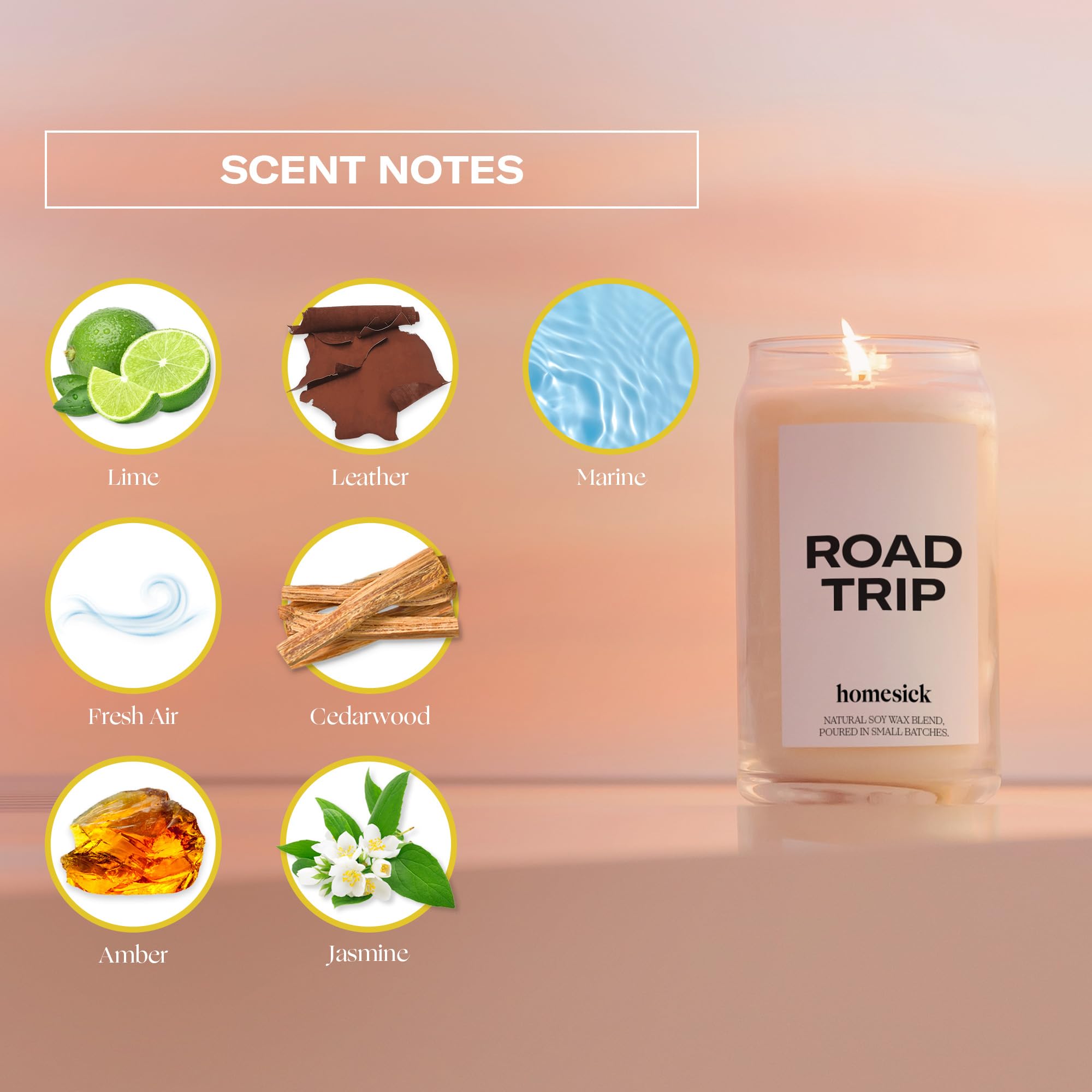 Homesick Premium Duftkerze, Road Trip – Düfte von Limette, Leder, Marine, 390 g, 60–80 Stunden Brenndauer, natürliche Soja-Mischung, Heimdekoration, entspannende Aromatherapie-Kerze