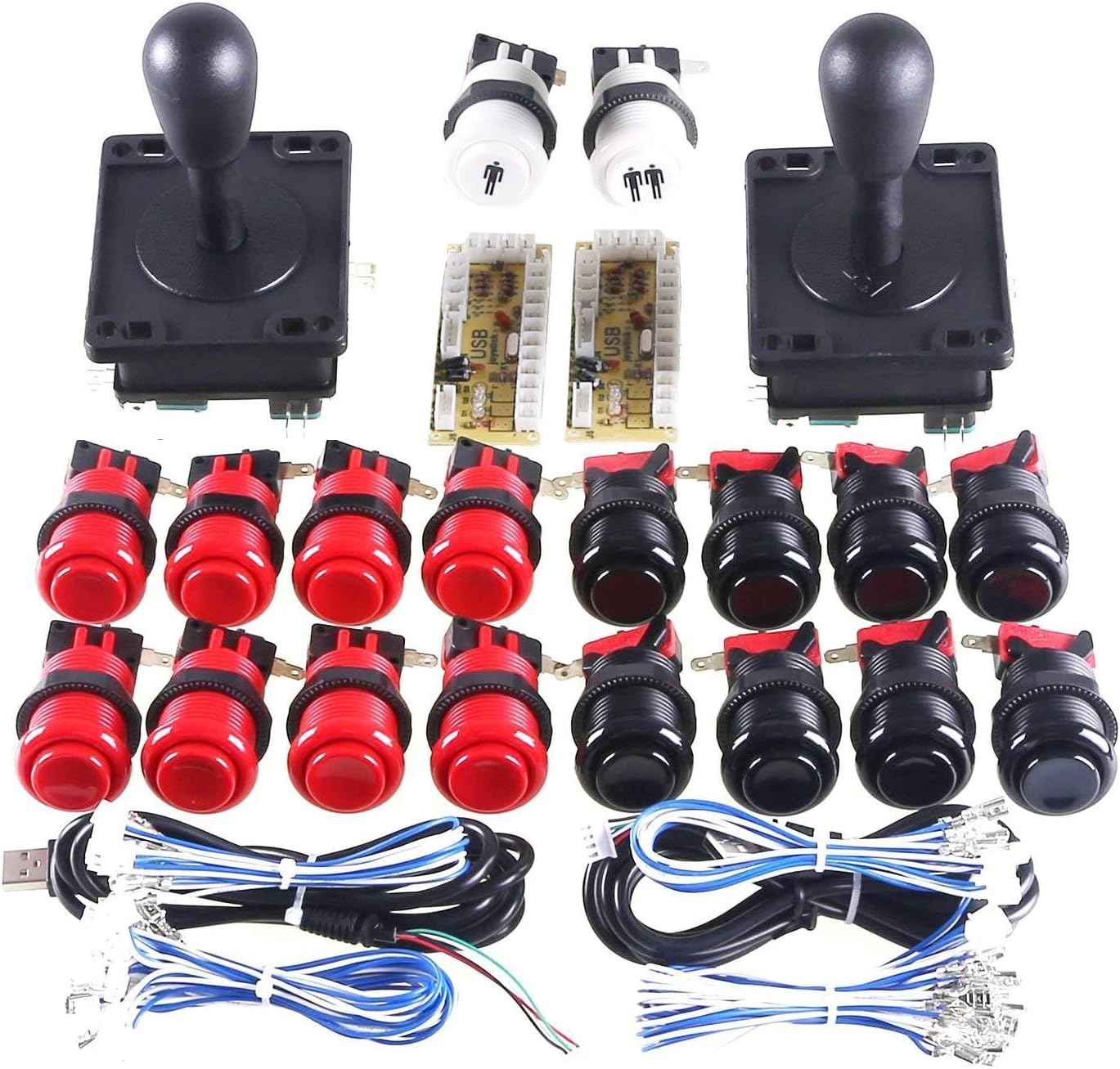 WINIT Arcade Button and Joystick Kit Game DIY Replacement Parts for Mame USB Cabinet 2x Zero Delay USB Encoder / 2x 8 Way Arcade Joystick / 18x Happ Push Button - Black + Red Color Kits
