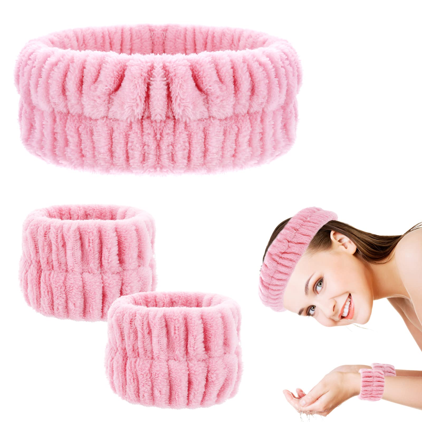 WLLHYF Spa Headband Wrist Washband Face Wash Set Facial Makeup Hair Band Microfiber Shower Head Wraps Adjustable Wrist Wash Bands Prevent Liquid from Arms Spilling for Women Girls (Pink)