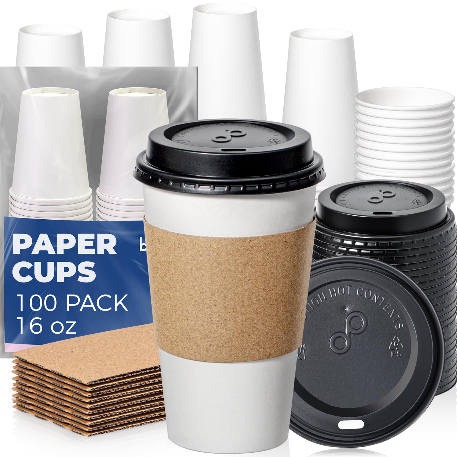 Fit Meal Prep 100 Pack 16 oz Disposable Coffee Cups with Lids, Sleeves, Leak-Proof To Go Coffee Cups with Lids, Durable Paper Cups for Hot Cocoa and Coffee Bar Supplies