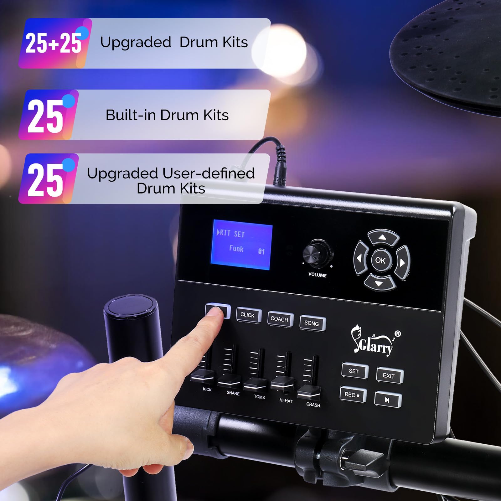 GLARRY 10" Dual Zone Snare Electric Drum Set, 5 Pads, 3 Cymbals Full Size Adult Drum Set, 30 Kits and 450 Authentic Sounds,TFT Color Display, USB MID