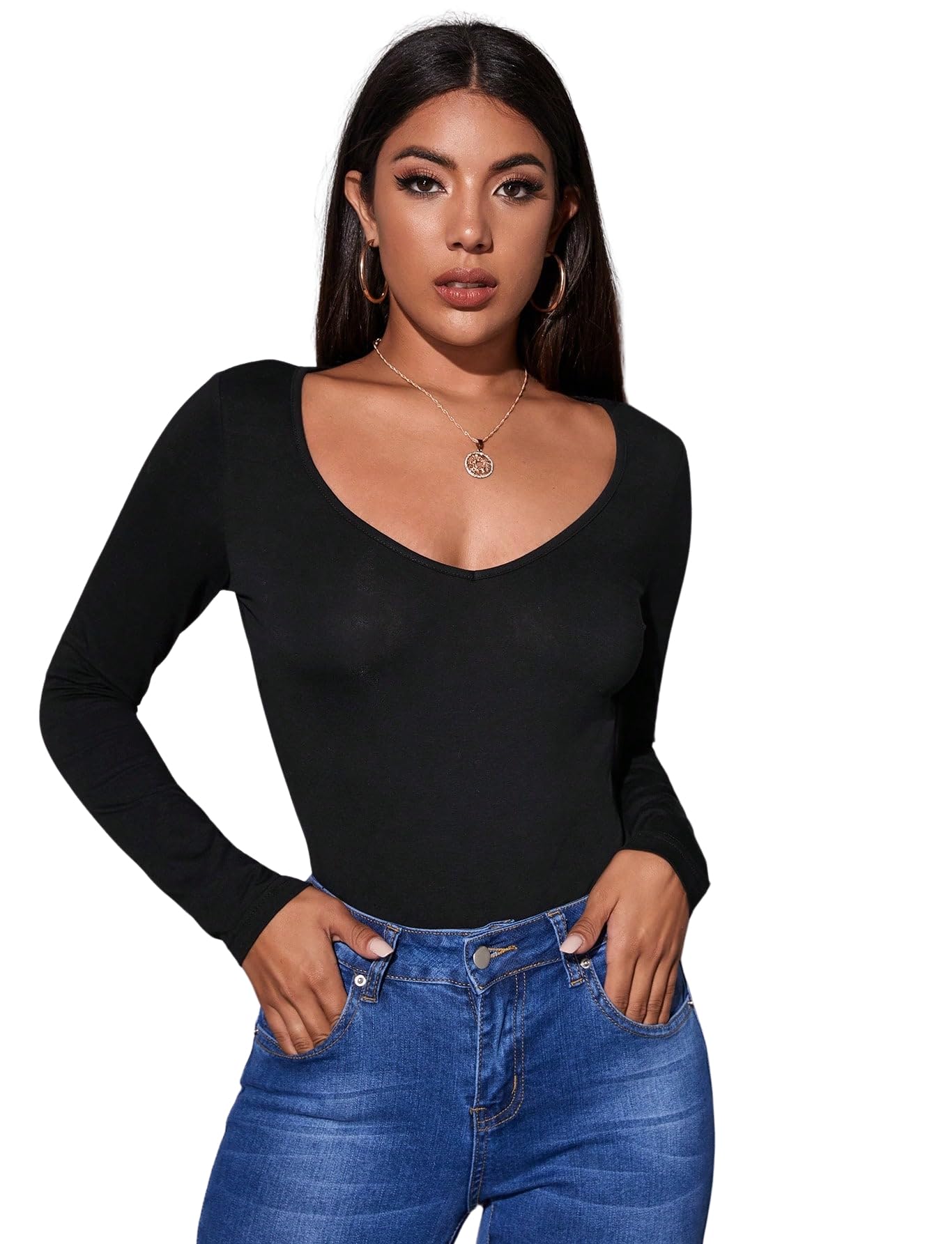 aahwan Solid V-Neck Full Sleeves Fitted Tee Top for Women's & Girl's-picture-35