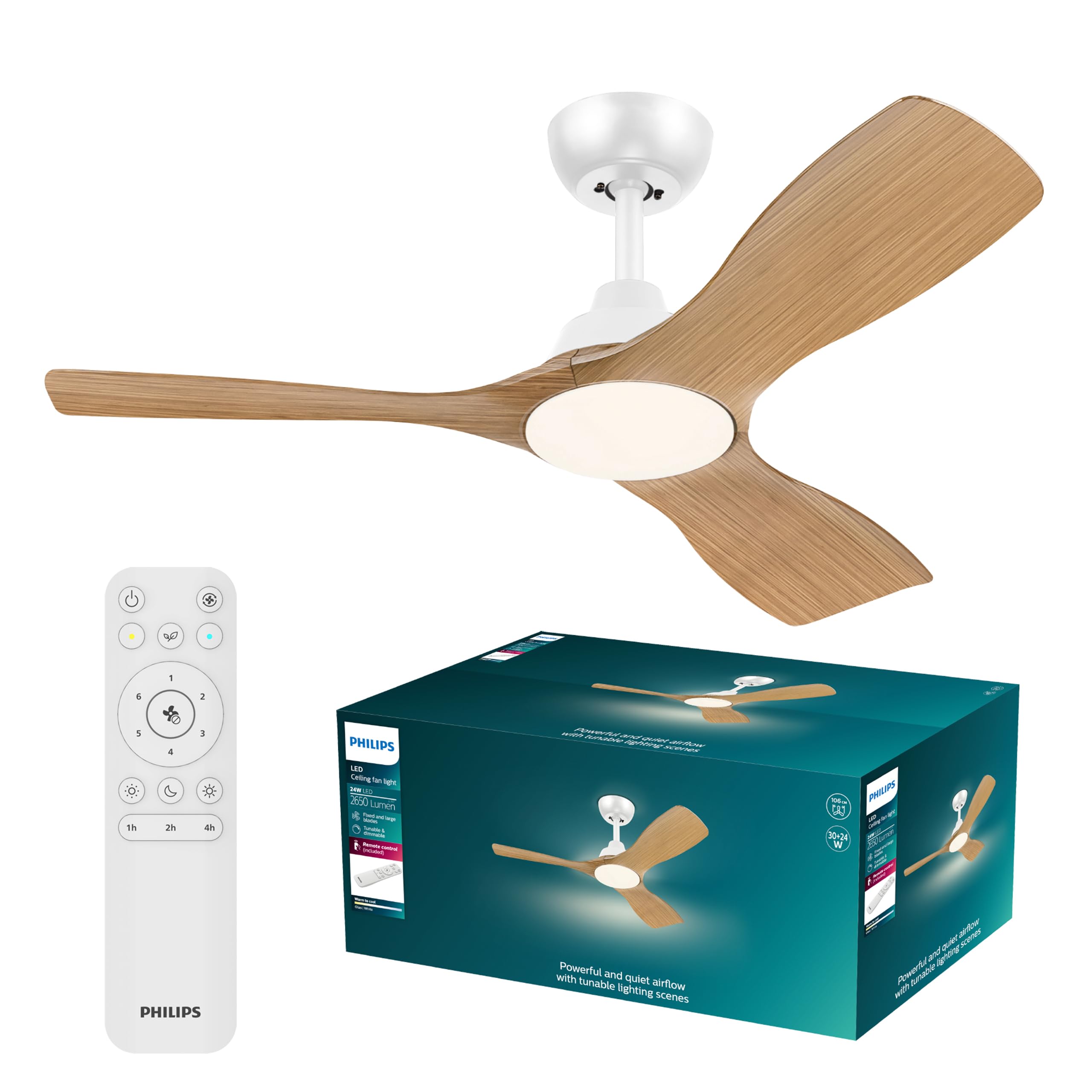 PHILIPS Ventilateur de Plafond LED 107 cm 2650 Lumens 3000-6500K Télécommande Blanc/Bois