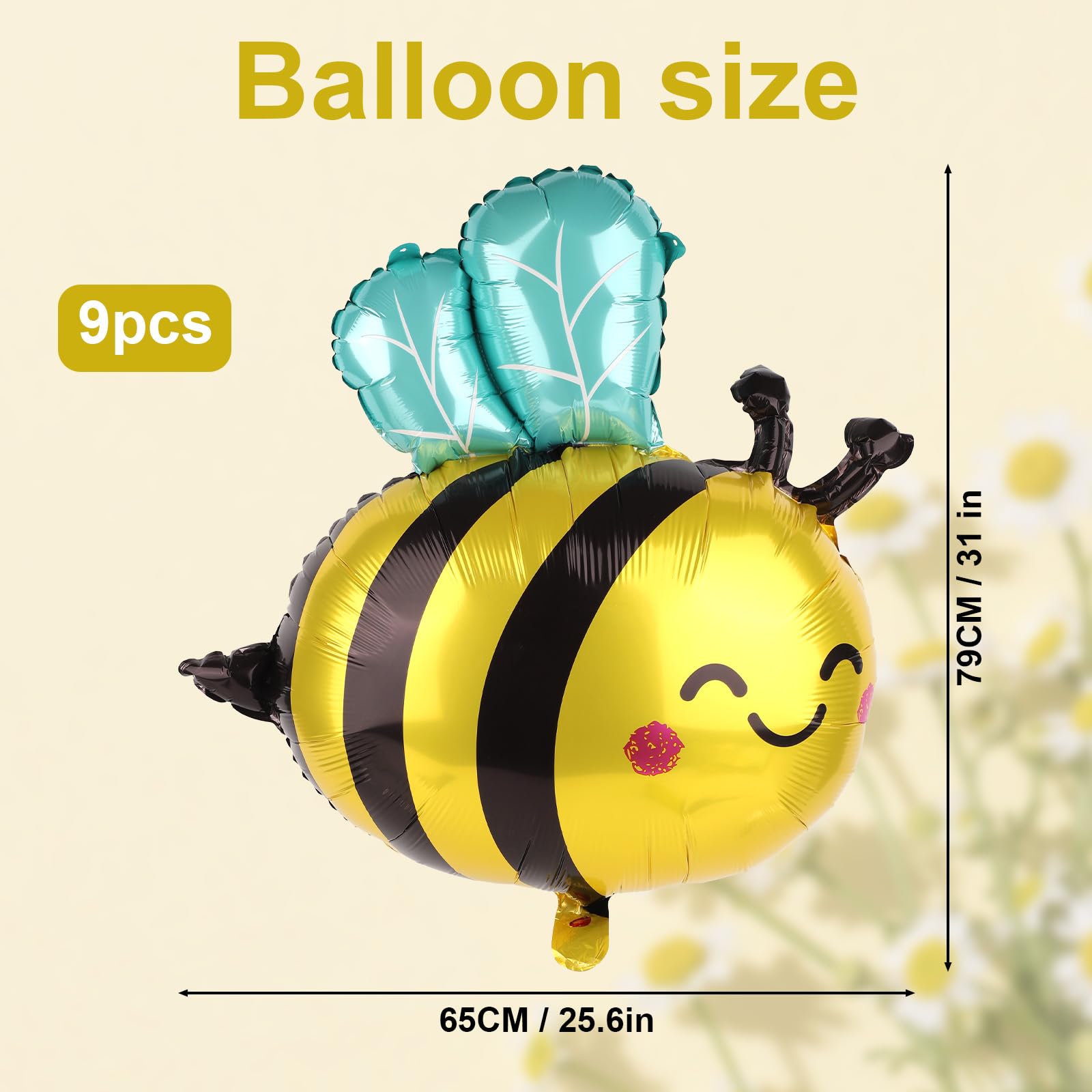 9pcs Bee Balloons, Yellow Black Cute Smile Polyester Honey Balloons Arch Kit Decorations Themed Birthday Baby Shower Supplies for Kids Adults