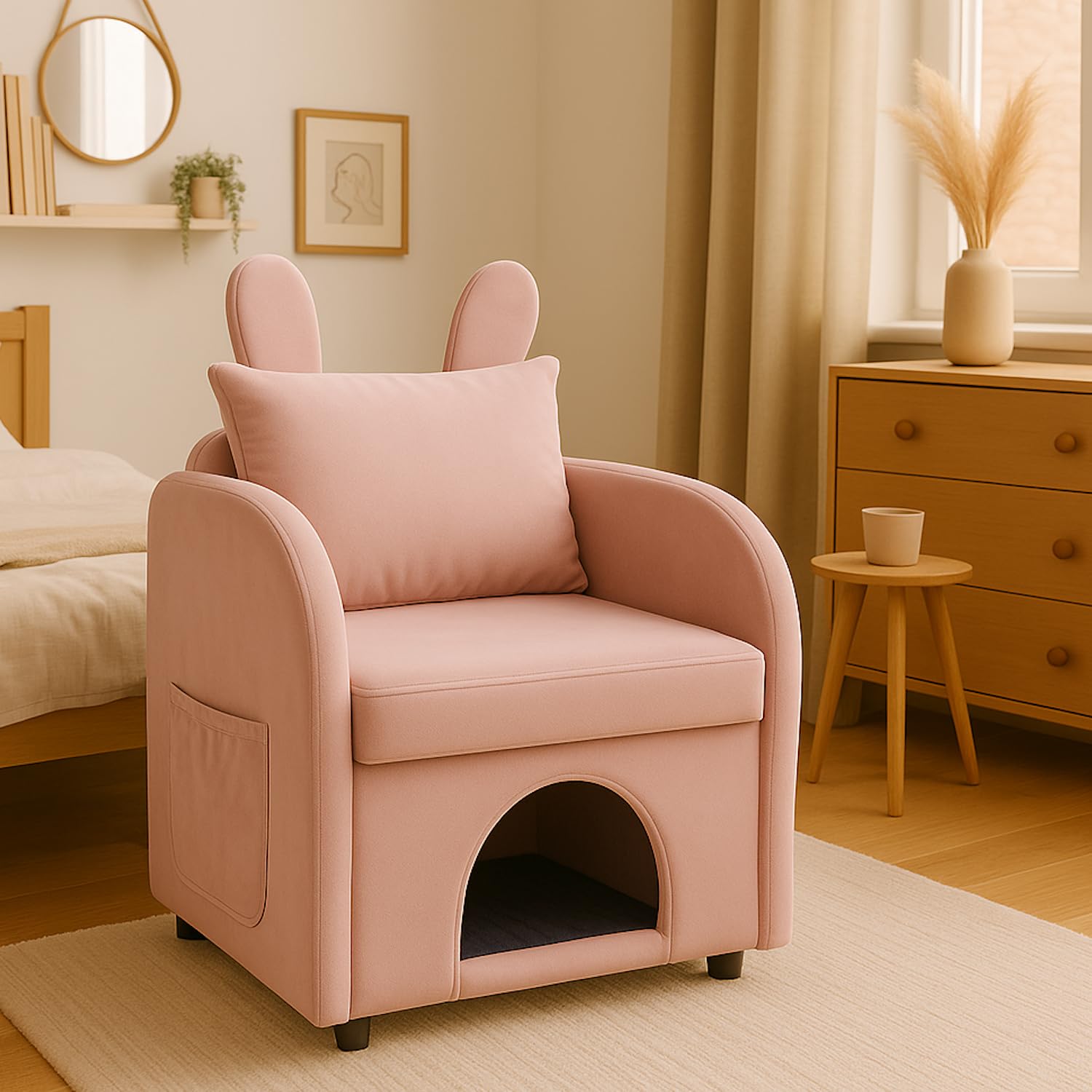 Accent Chair with Cat &amp; Dog Hideaway, Modern Bunny-Ear Armchair with Side Pocket, Dual-Use Cozy Reading Sofa Chair for Living Room Bedroom, Velvet, 27.4" x 25.2" x 37.4" (Pink)