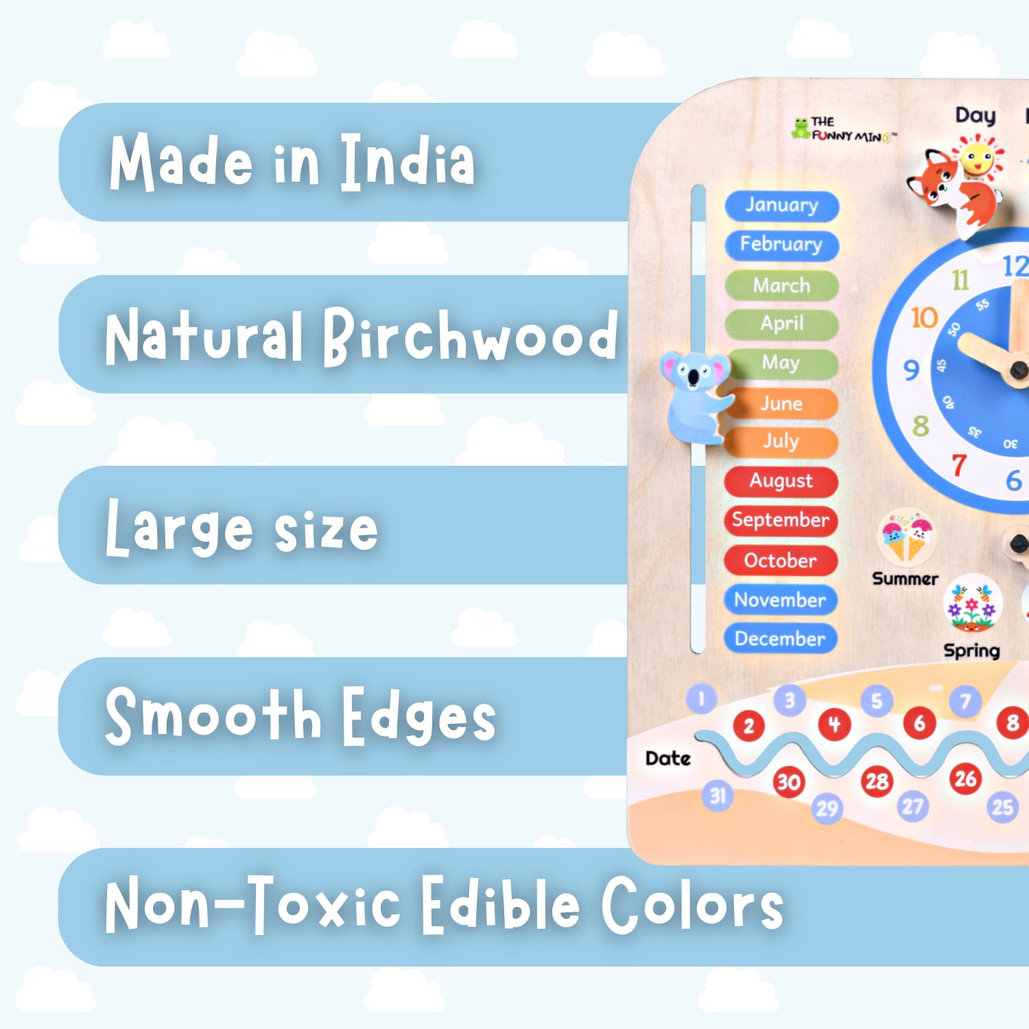 The Funny Mind Birch Wooden Activity Teaching Clock and Calendar for Kids 7 in 1 Learning Toy for Dates, Days, Months, Weather, and Time Recognition with Cute Animal Shaped and Moveable Hands Clock - Image 4 thumbnail