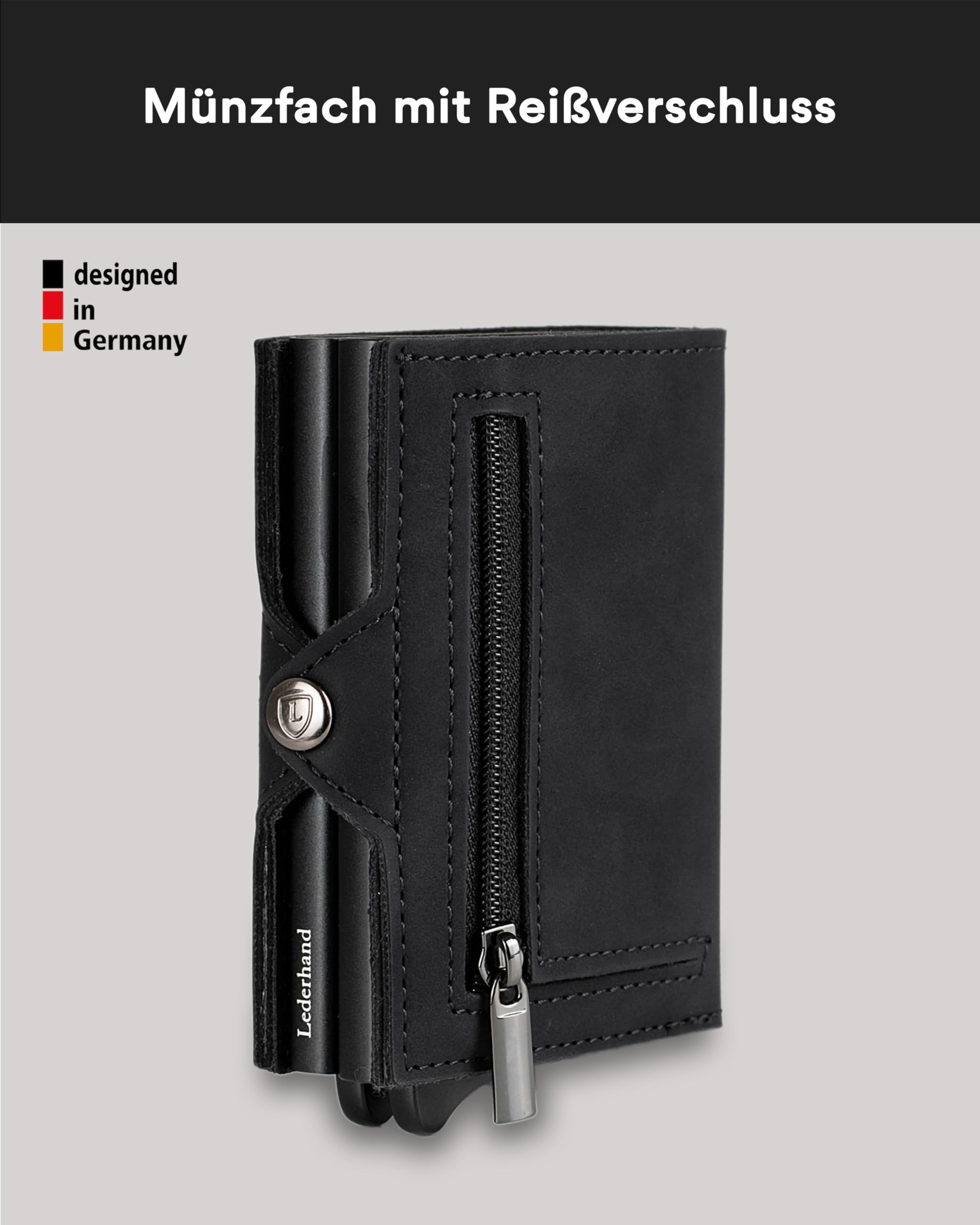 Lederhand® Swipe Vintage XL – Premium Wildleder Geldbörse handgemacht für Herren und Damen Portemonnaie Aluminium Kartenhalter mit Münzfach und Platz für 17 Karten mit RFID NFC Schutz | Schwarz