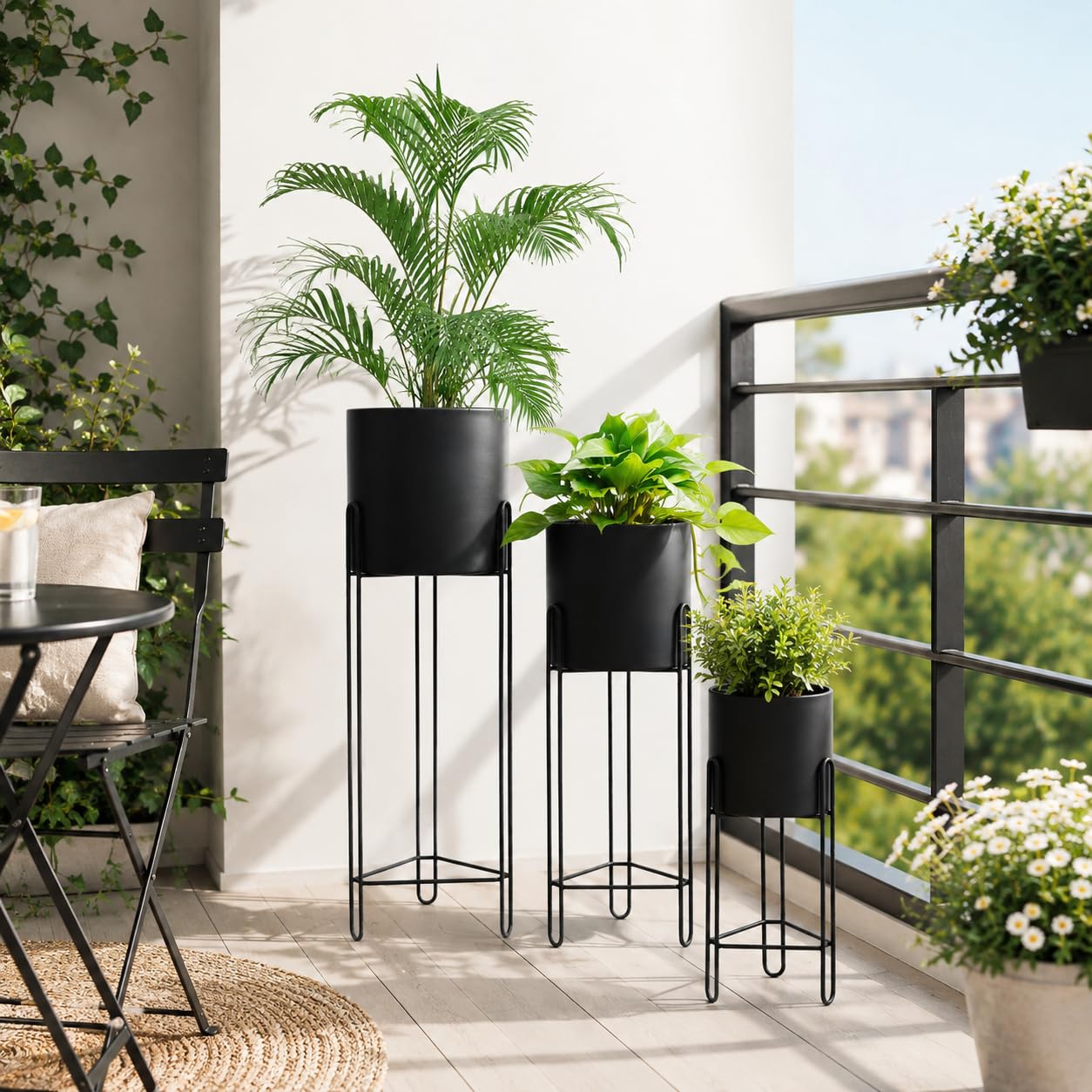 TRIROCKS Lot de 3 pots de fleurs avec support pour plantes d'intérieur de 73,7 cm, 45,7 cm et 30,5 cm pour salon, coin, cuisine, bureau, jardin, balcon, terrasse (noir)