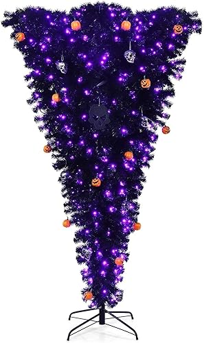 Miniatura 8 de Happygrill Árbol de Navidad artificial morado de 6 pies, árbol de Halloween morado preiluminado con 400 luces LED naranjas y adornos de calabaza,