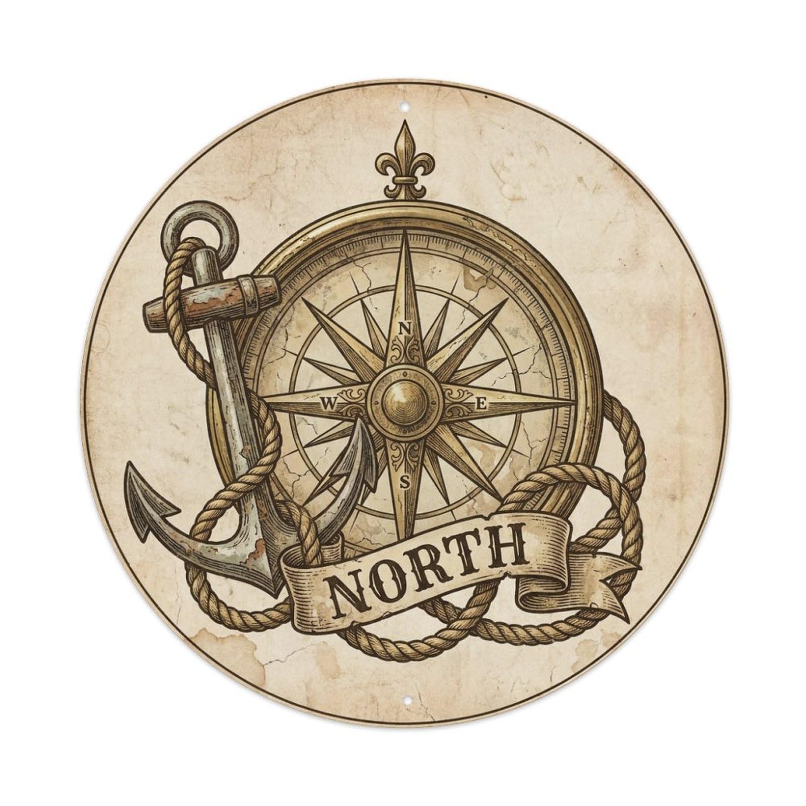 North Compass Rose Anchor Rope Pirate Nautical Metal Tin Sign
