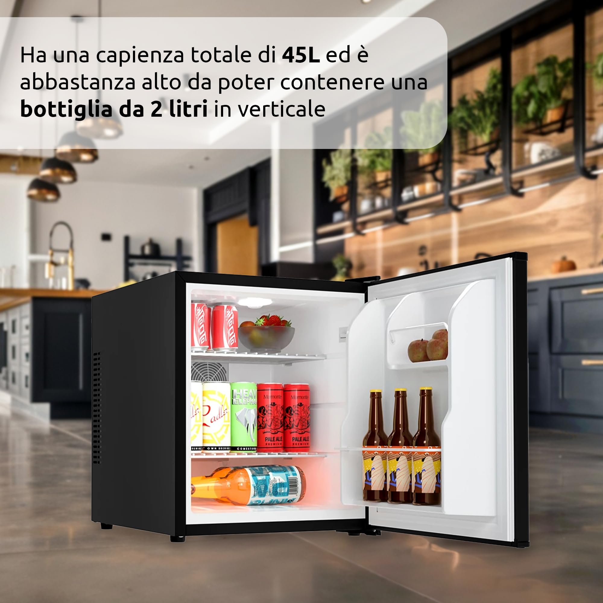 Melchioni Family | Nevera Pequeña Capacidad Total de 47 Litros, Minibar Termoeléctrico con Luz LED, Clase E, Modelo Polar 47, Color Negro